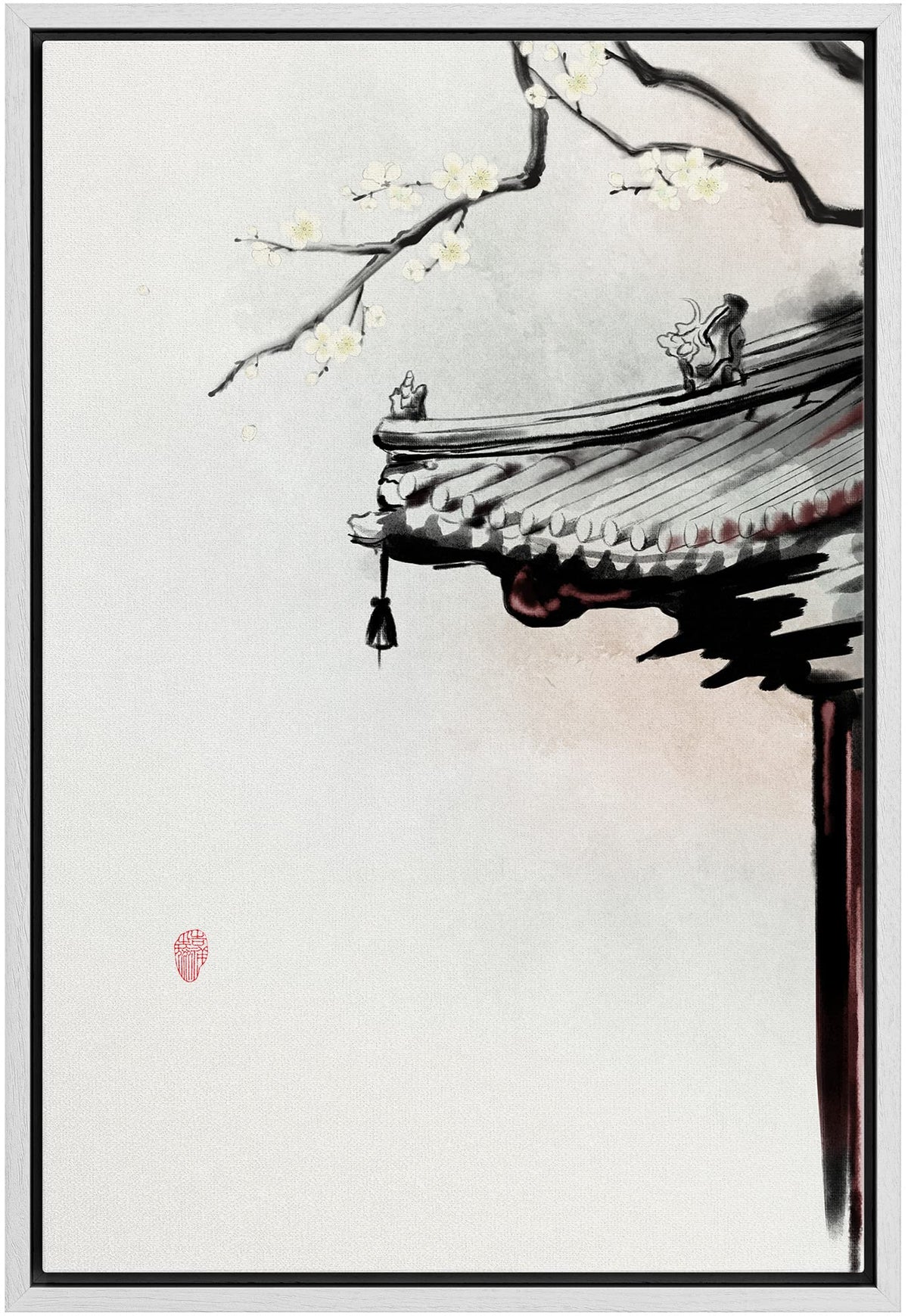 Nwt Framed Canvas Print Wall Art Japanese Style Pagoda Roof With White Blossoms Floral Plants Illustrations Modern Art Rustic Sc