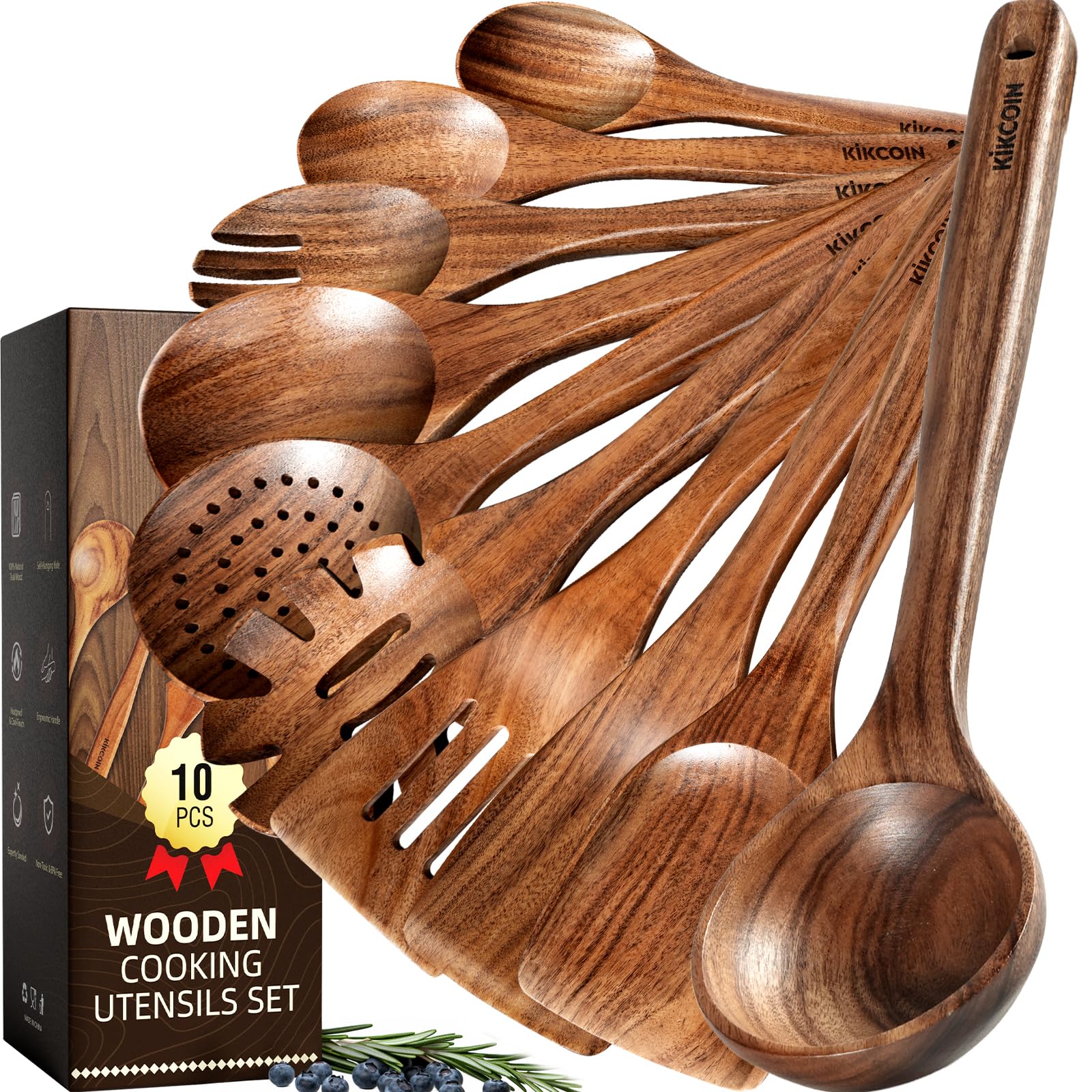 Kikcoin 10 PCS Durable Natural Teak Wooden Cooking Utensil Set, Non Toxic Wooden Spoons for Cooking, Wooden Utensil Set for Cook