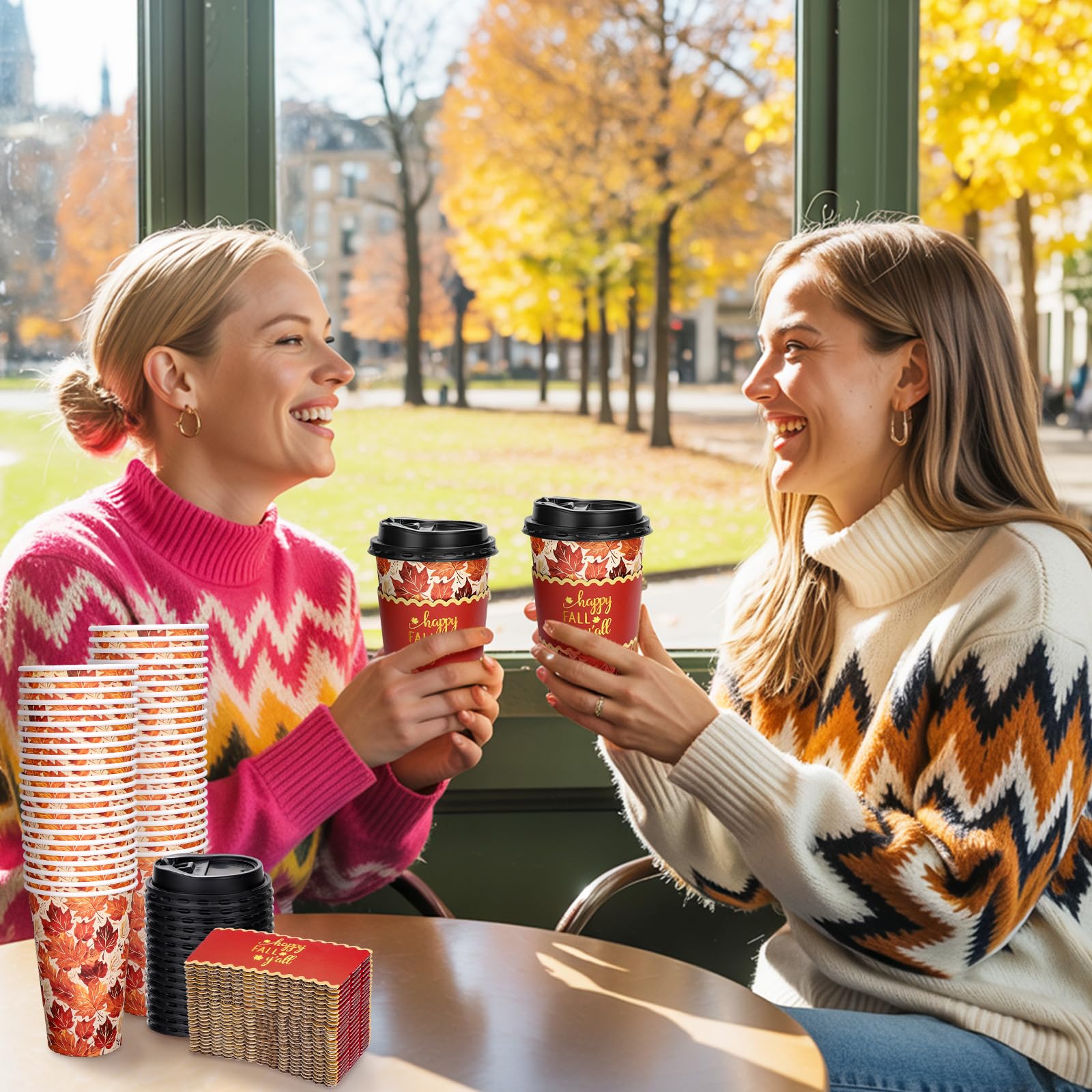 Whaline 50Pcs 16Oz Fall Thanksgiving Disposable Coffee Cups with Lids and Sleeves Orange Brown Red Maple Leaf Paper Drinking Cup