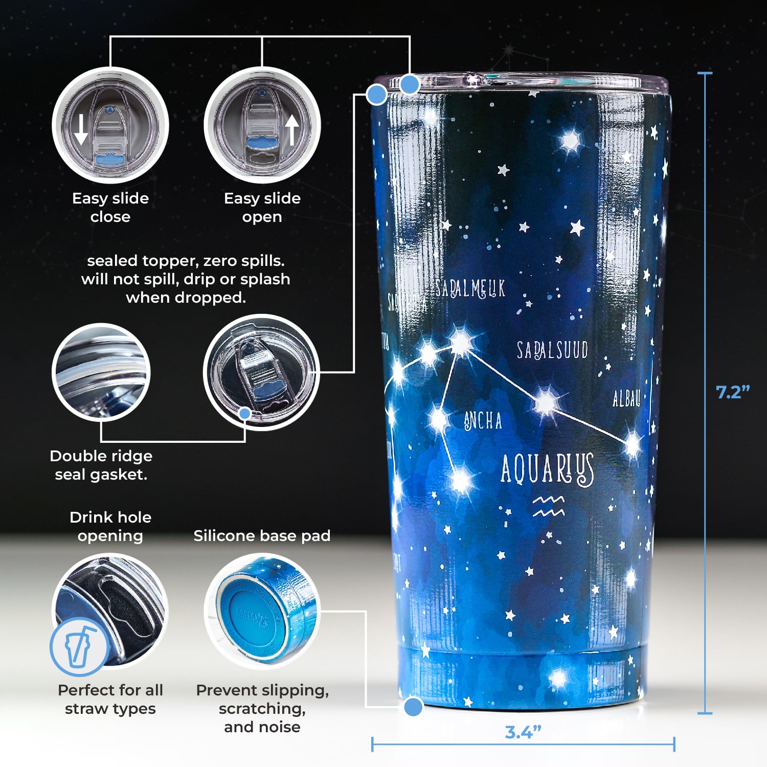 Greenline Goods Zodiac Insulated Coffee Tumbler - Aquarius 20 Oz Metal Drink Cup With Slide Top Lid - Non Slip Silicone Base - A