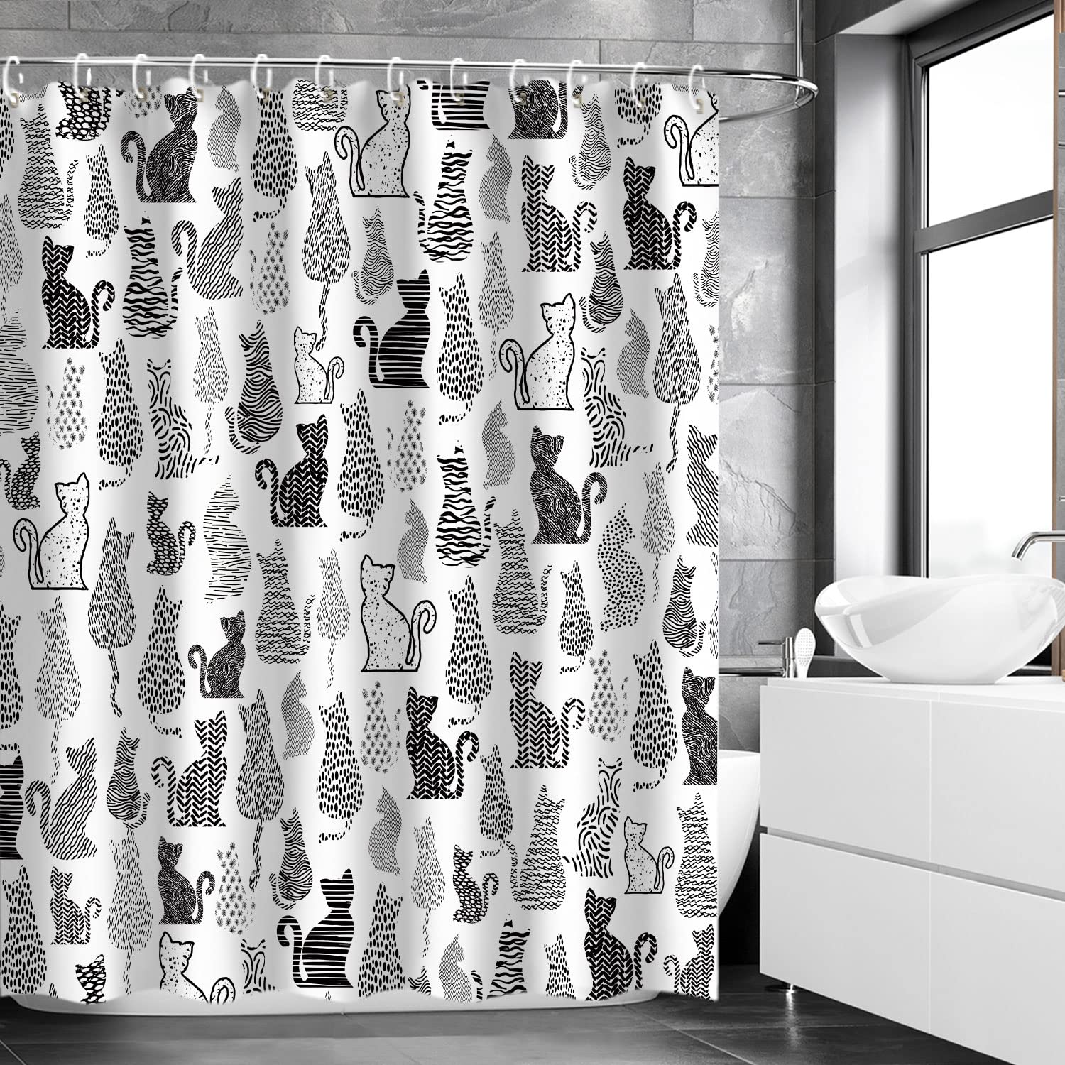 Livilan Cat Shower Curtain For Bathroom Cute Shower Curtain With 12 Hooks Kitten Animal Decorative Black And White Fabric Bath C