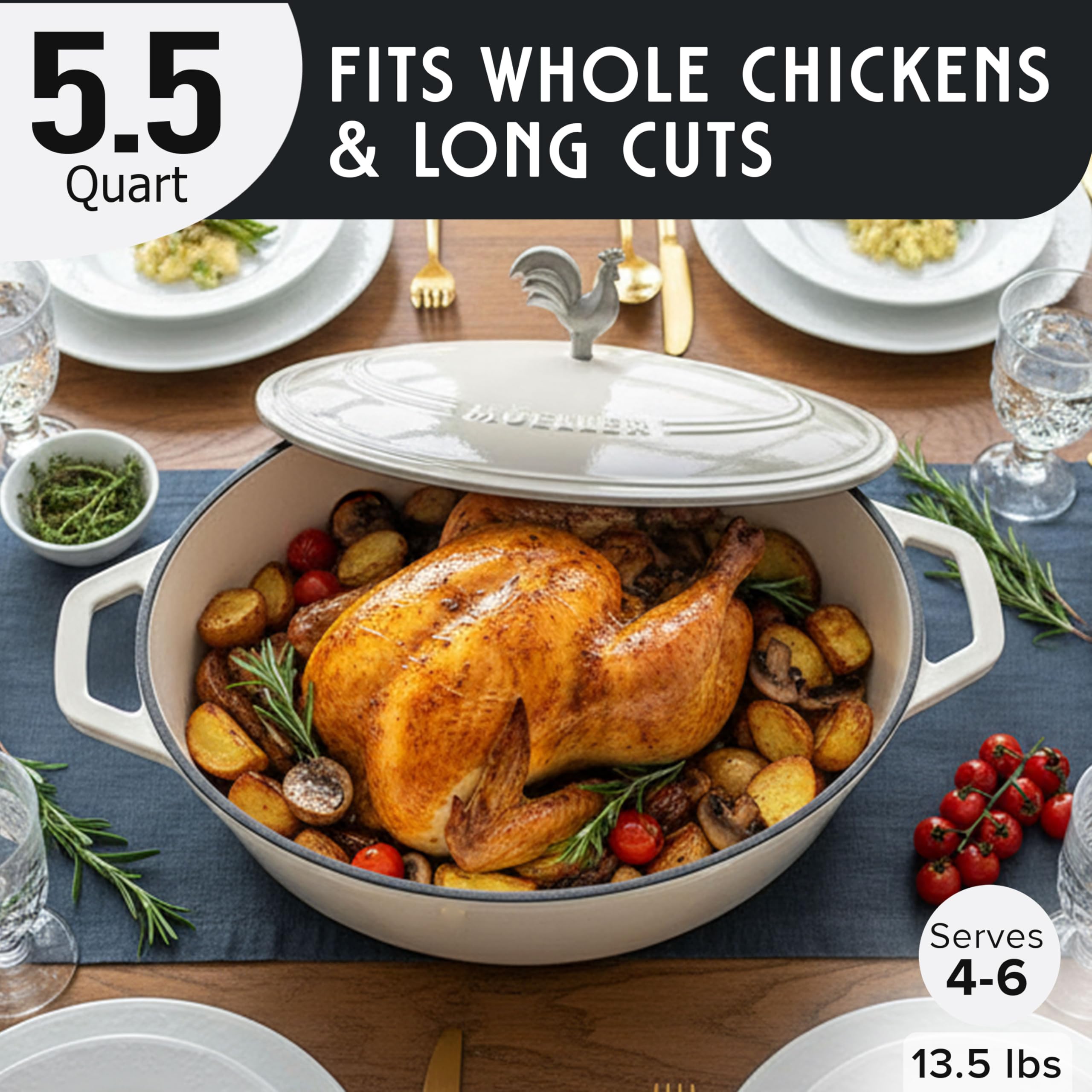 MUELLER HOME 5.5 Quart Enameled Cast Iron Oval Dutch Oven with Rooster Knob & Cotton Potholders, Heavy-Duty Cookware, Oven-Safe