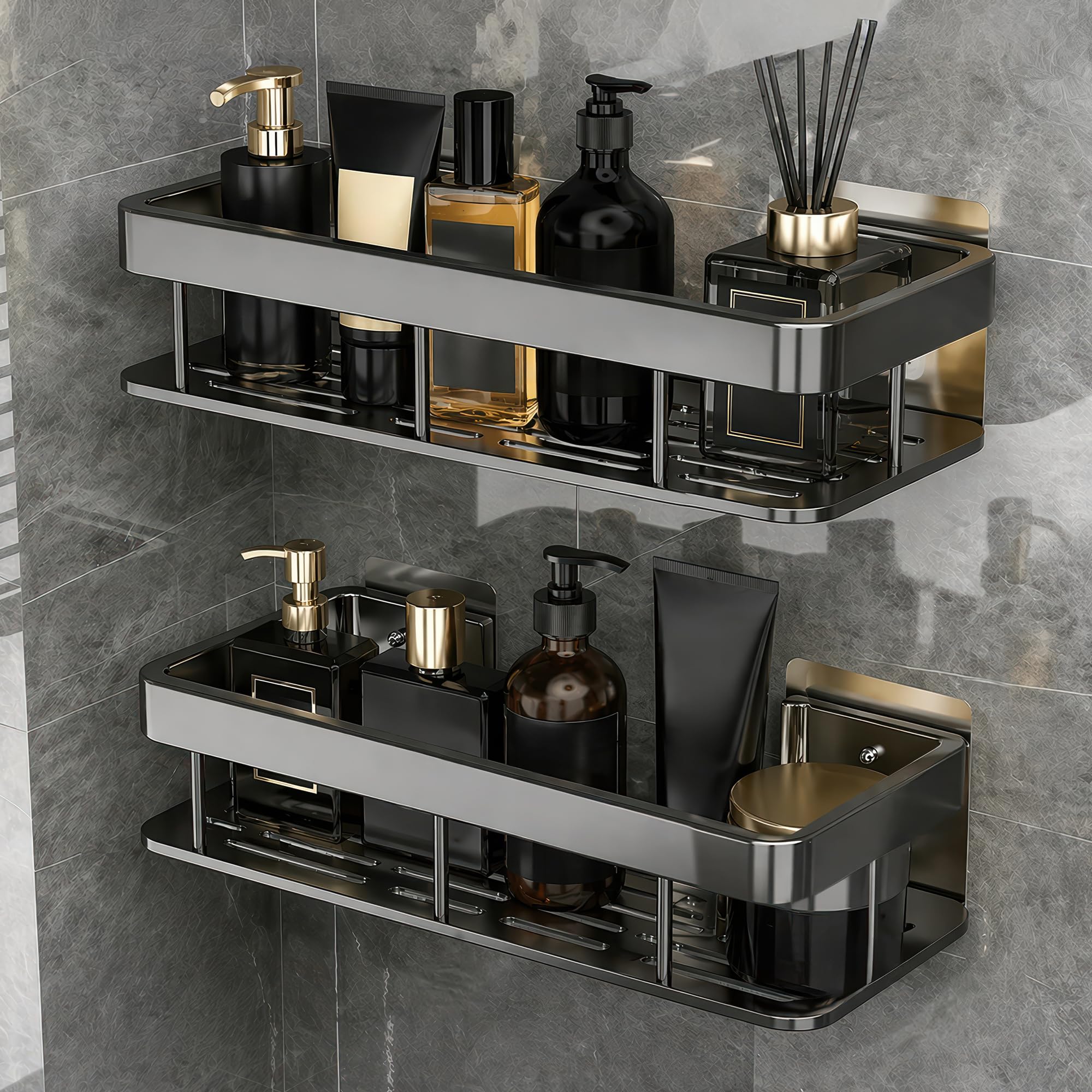 Amazon Basics 2 Pack Self Adhesive Bathroom Shelf For Wall, Bathroom Organiser Without Drill, Kitchen Sink Organiser, Rust Resis