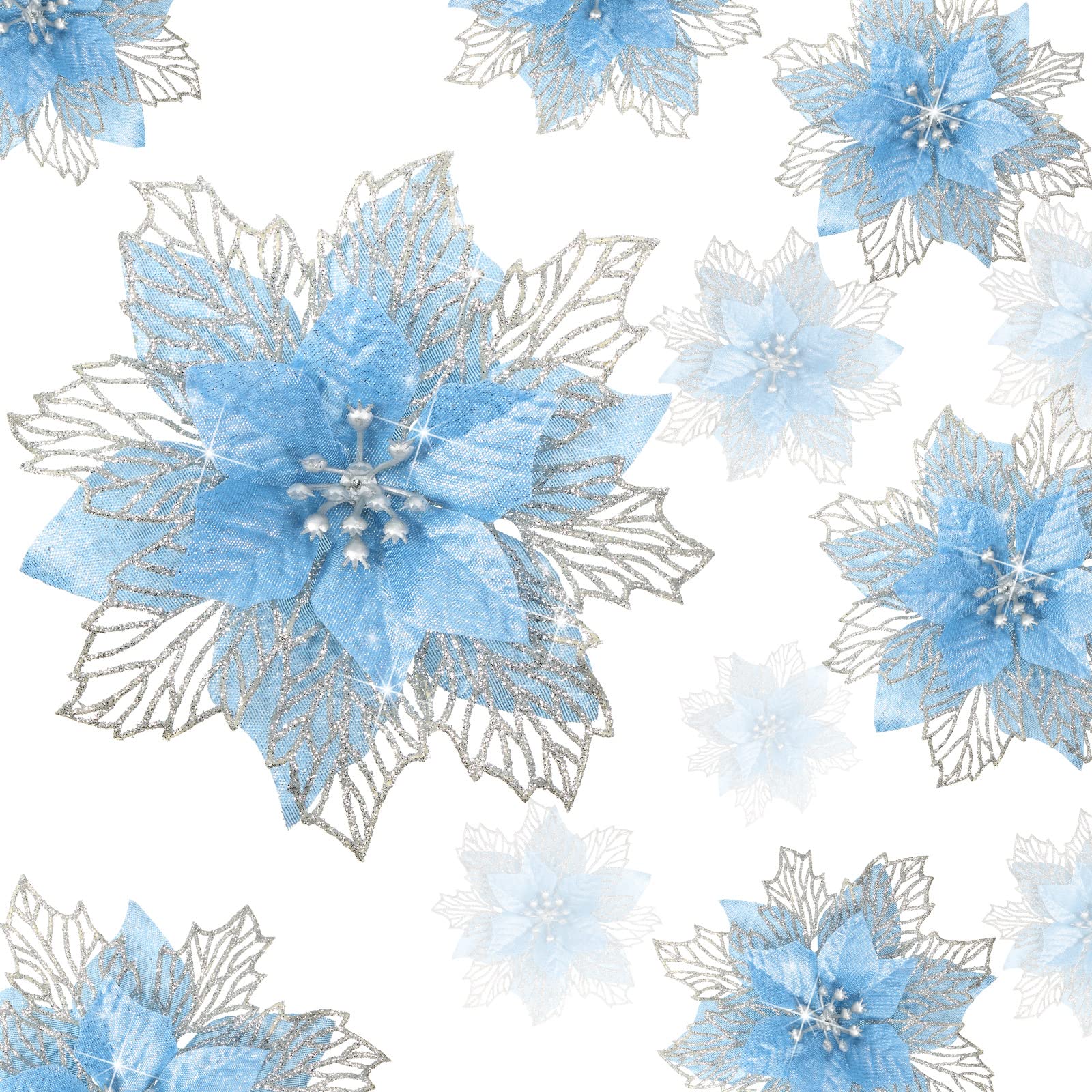 24 Pieces Christmas Glitter Poinsettia Flowers Layered Artificial Xmas Flowers Wedding Christmas Tree New Year Ornaments (Blue)
