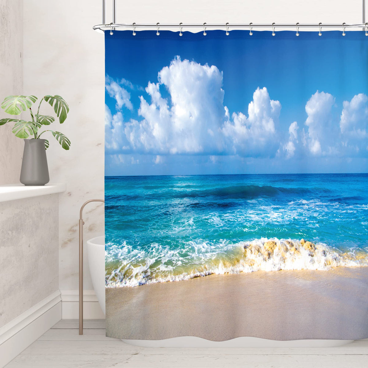 Riyidecor Ocean Sea Beach Shower Curtain Seaside Landscape Hawaiian Island 60Wx72H Inch Summer Seashore Coastal Scenery Seawave