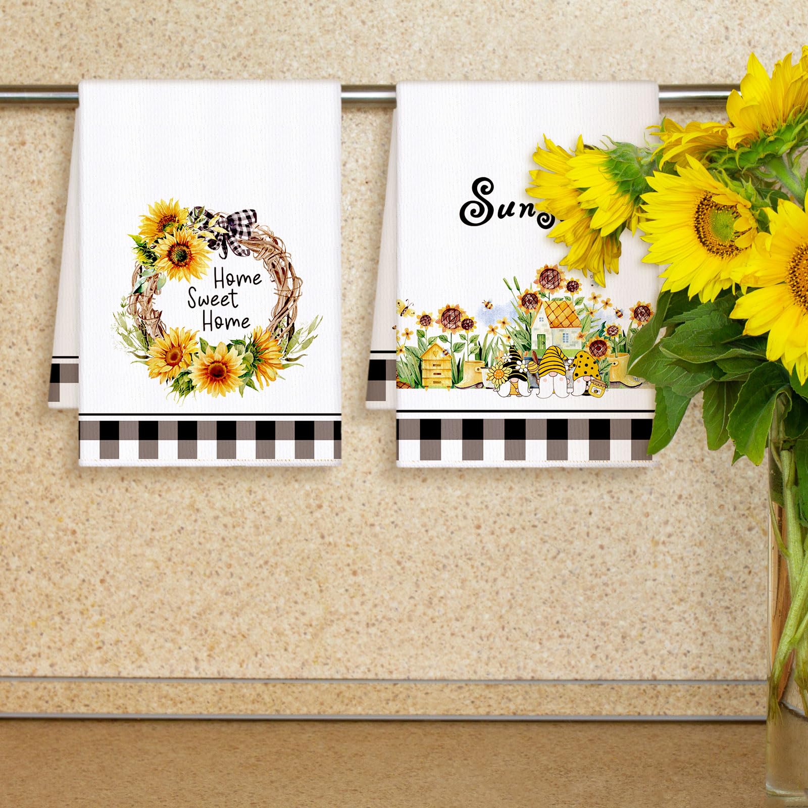 Bencailor 4 Pcs Sunflower Kitchen Towels Christmas Thanksgiving Flower Floral Hand Dish Towels Yellow Buffalo Grid Fast Drying D