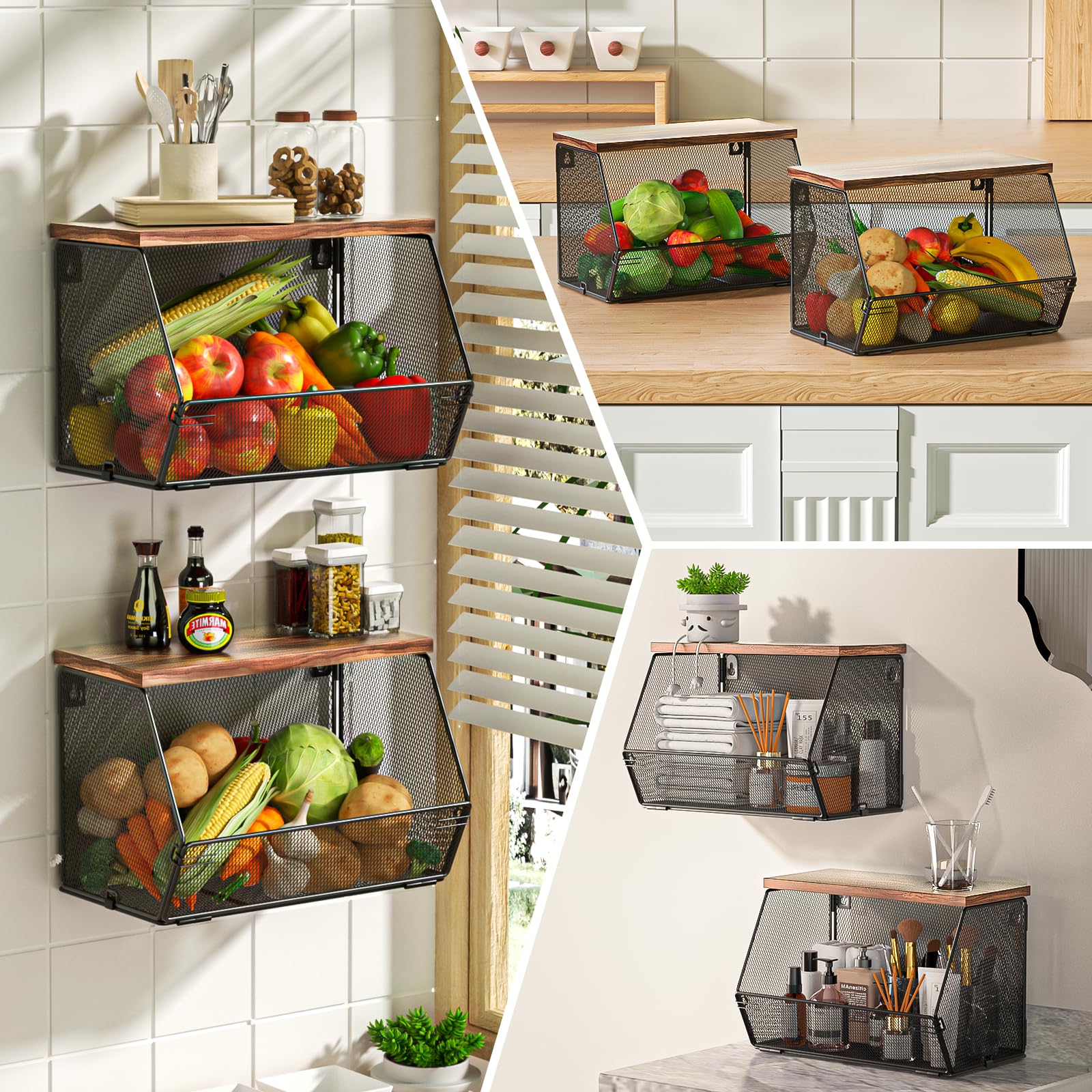 Hanging Fruit Basket Wire Baskets With Wood Lid, 2 Pack Stackable Kitchen Counter Organizer Countertop Onion And Potato Storage,