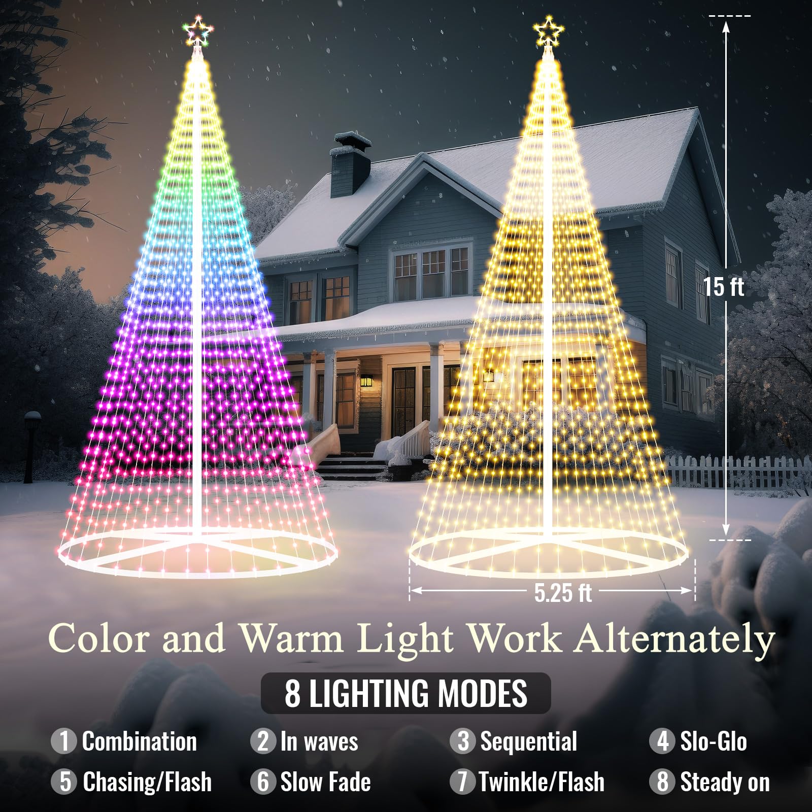 Riakrum 15ft-2167 LED Flagpole Christmas Tree Lights Outdoor Decorations with Star Topper, 8 Lighting Modes Pre-lit LED Flagpole