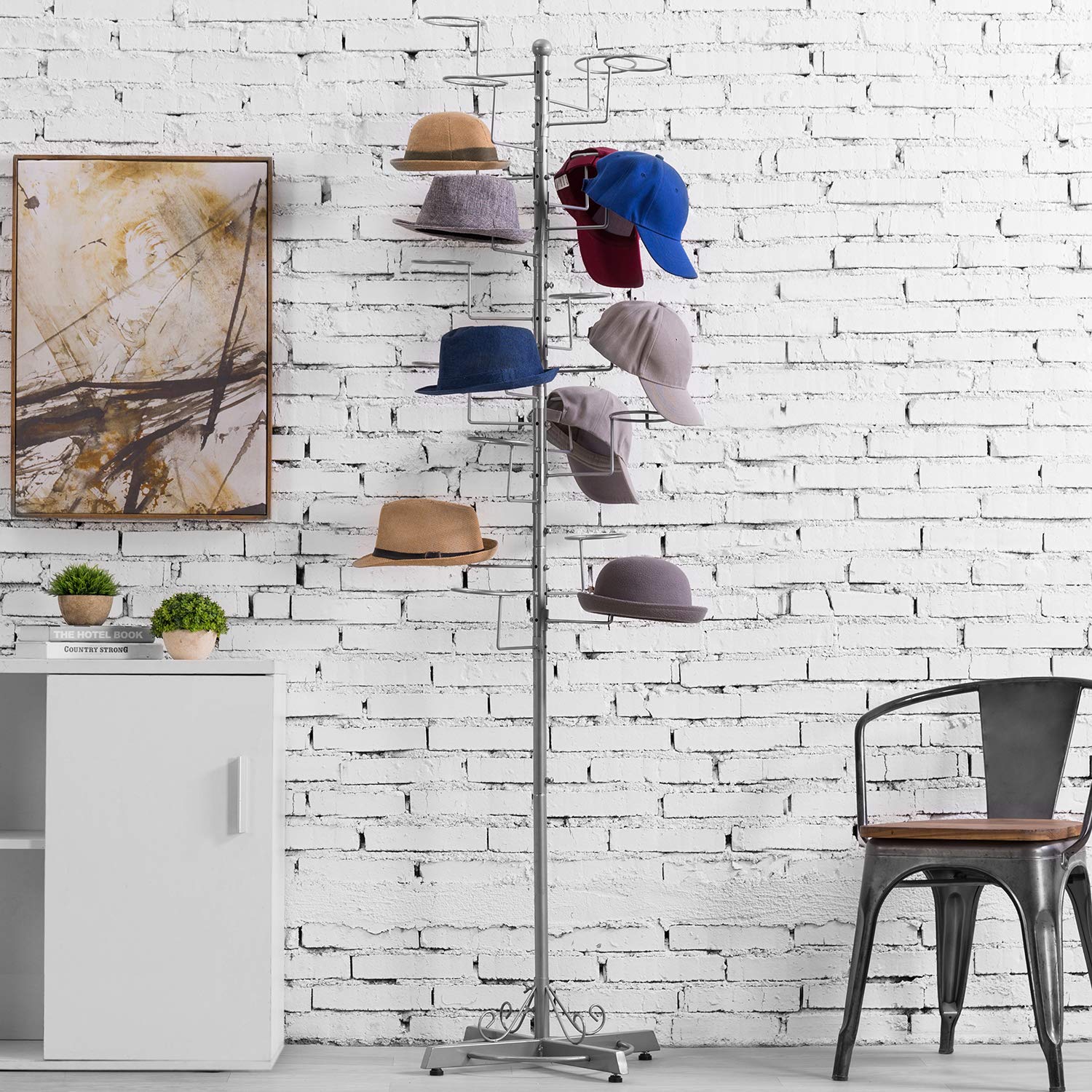 Mygift Modern Large Freestanding Hat Rack Stand, Silver Metal Retail Wig Or Hat Display Stand With 20 Customizable Circular Hook