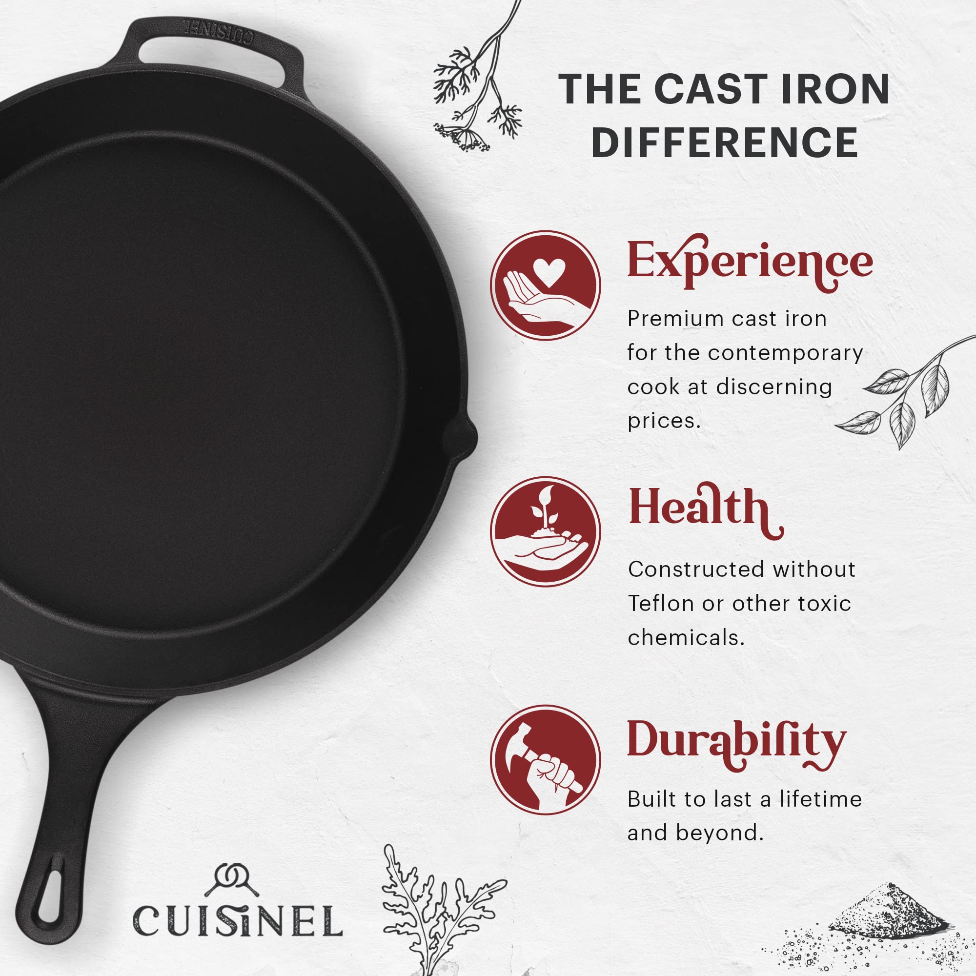 Cuisinel 15 Cast Iron Skillet + Glass Lid Cover + Black Pan Scraper + Silicone Handle Grip Cover - Pre-Seasoned Kitchen Cookwa