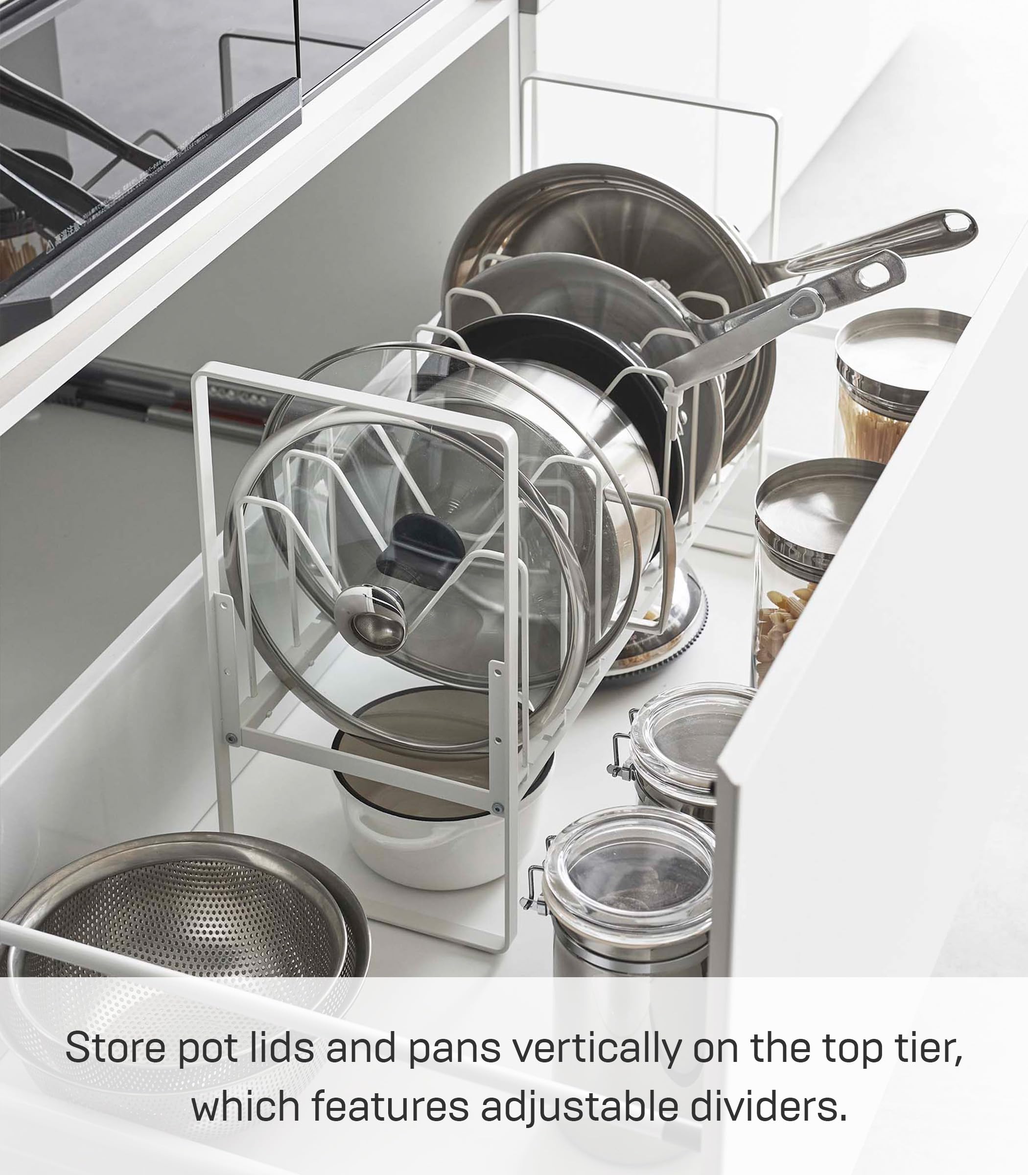Yamazaki Home Tower Height Adjustable Under Sink Pot Lids And Frying Pan Storage Kitchen Drawer Organizer Rack - Steel
