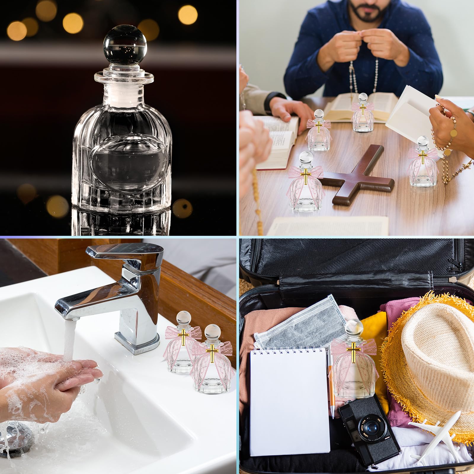 Newtay Holy Water Bottles Catholic Bulk Glass Baptism Favors for Guests Christian Water Container with Cross Organza Bags Bow fo