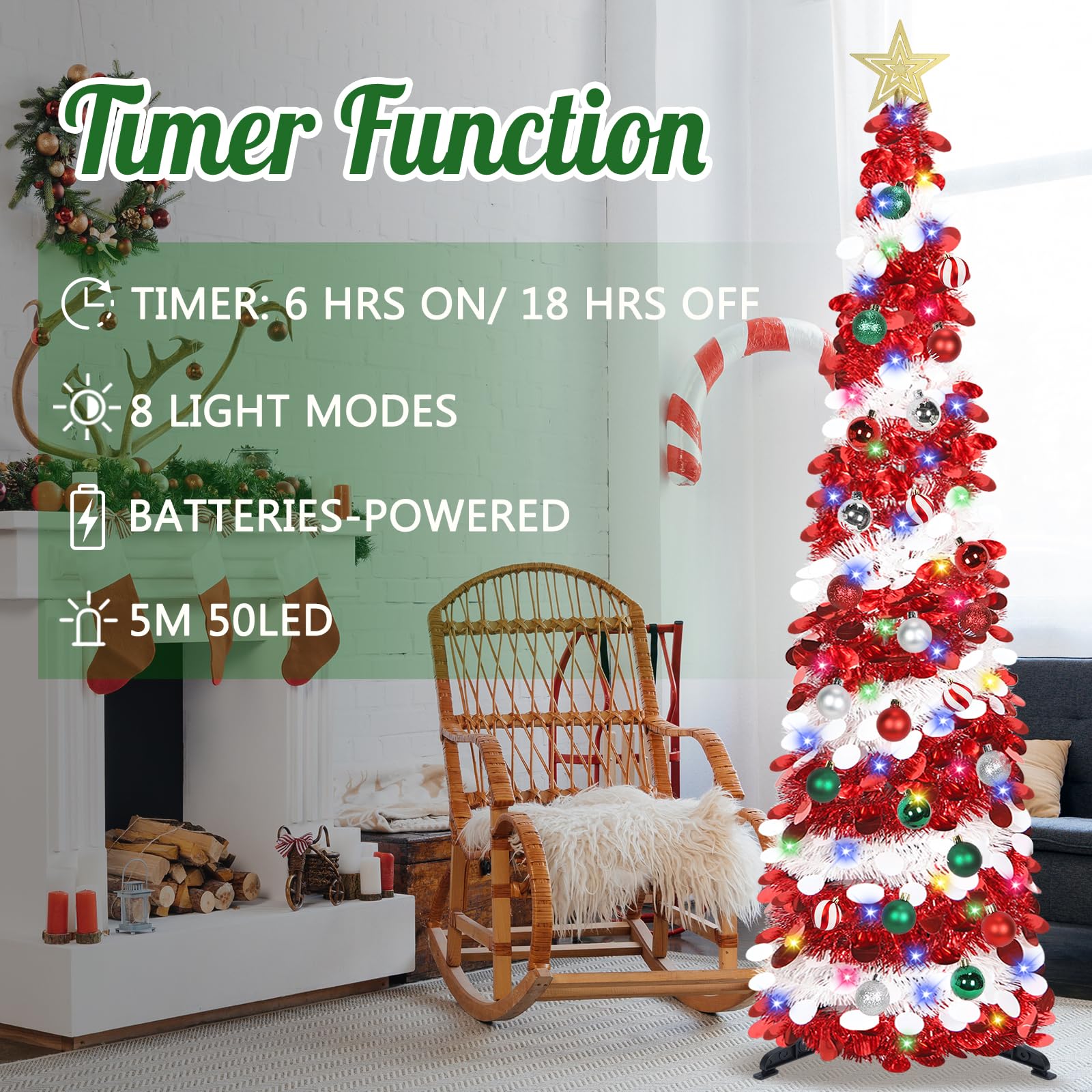 SINTENILL 5 FT Pop Up Christmas Tree with Timer Lights and Decorations, Red White Artificial Tinsel Christmas Tree with 24 Ball