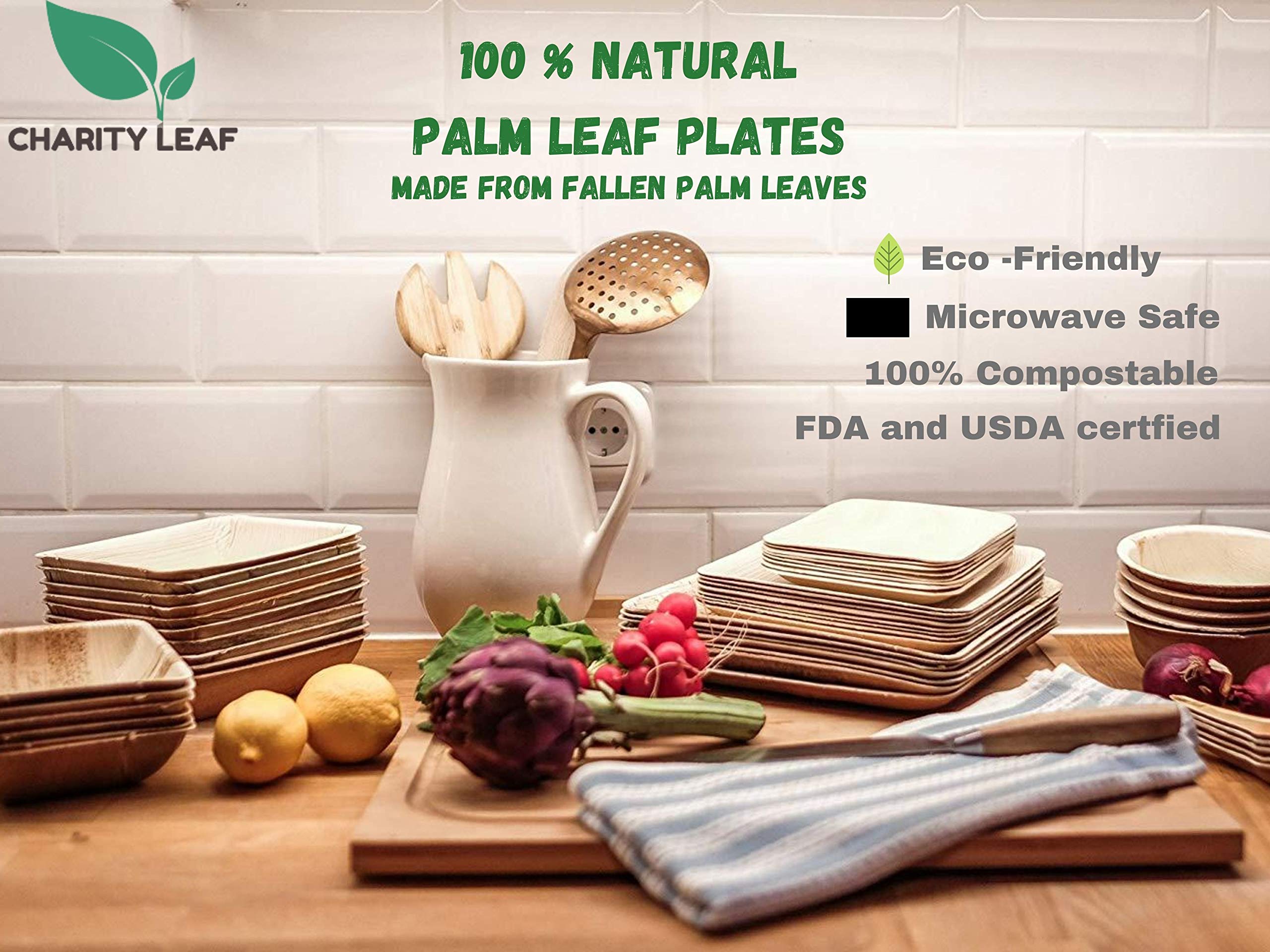 Charity Leaf Disposable Palm Leaf 15'' X 10'' Trays (10 Pieces) Bamboo Like Serving Platters, Disposable Boards, Eco-Friendly Di