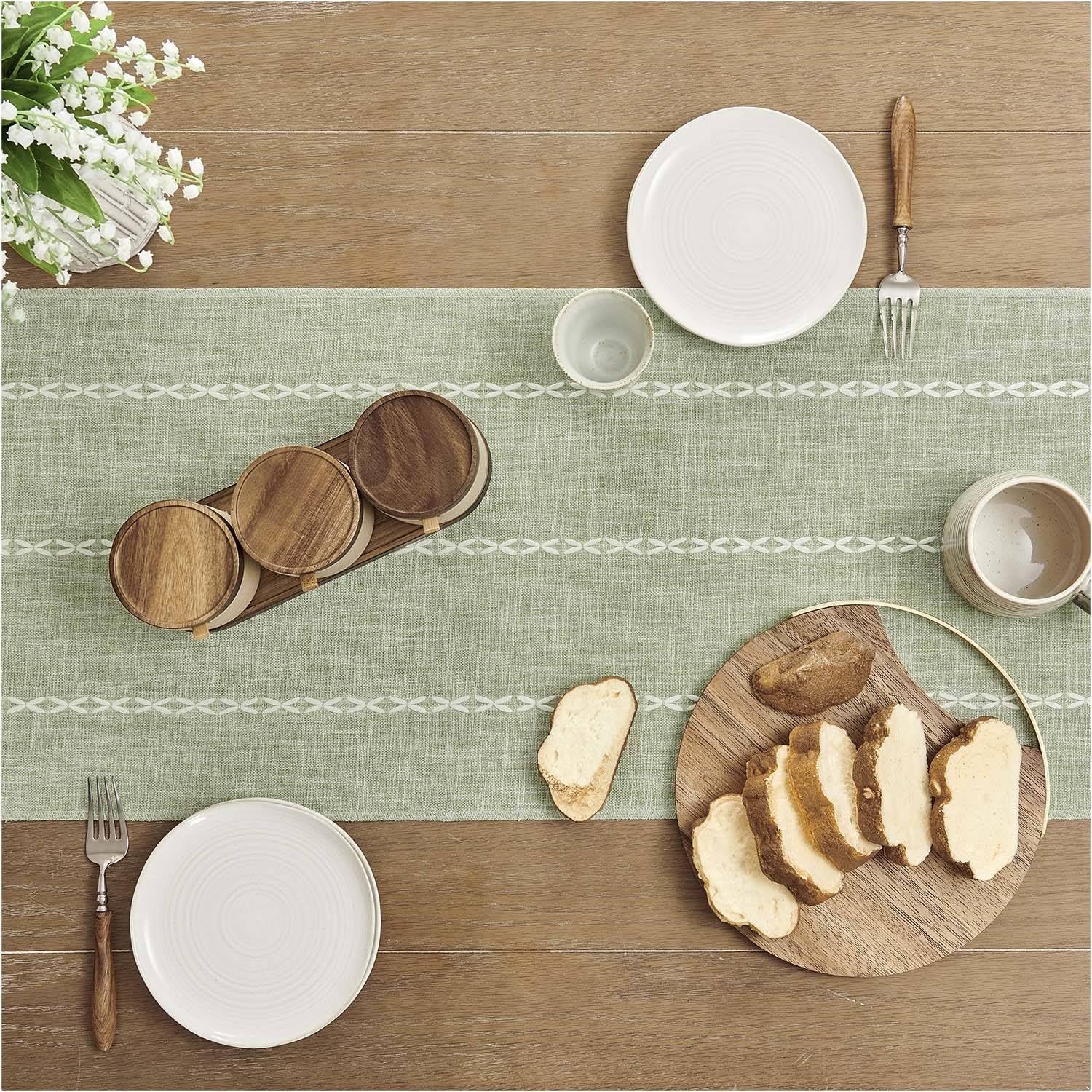 Zeemart Farmhouse Table Runner, Rustic Table Runners 36 Inches Long, Linen Boho Table Runner, Braided Striped Green Table Runner