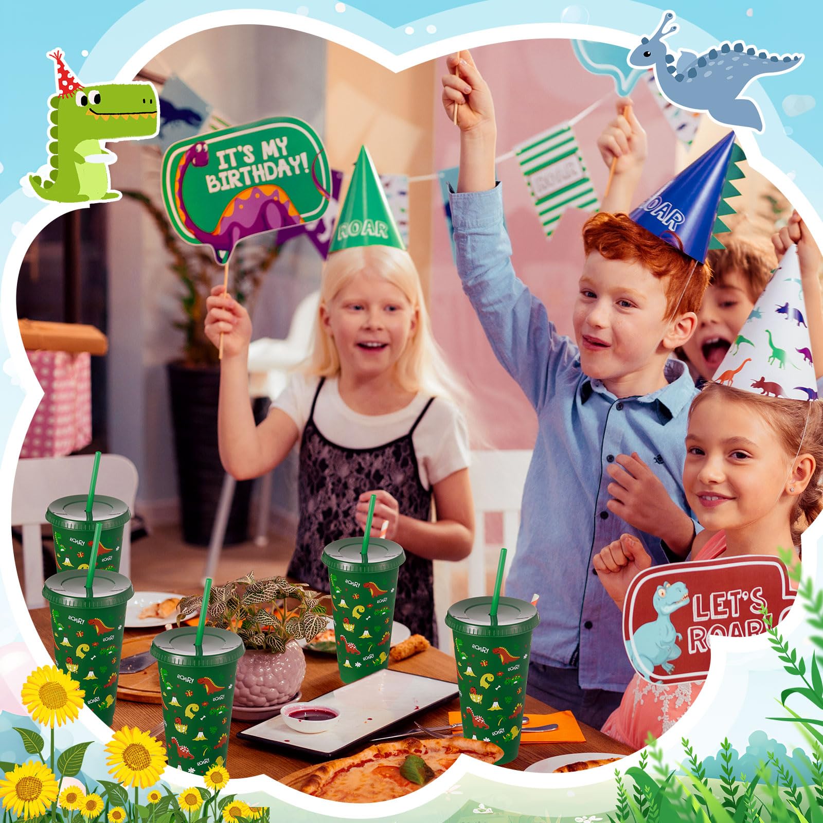 Uiifan 12 Pcs Plastic Dinosaur Cups for Kids 24oz Reusable Dino Tumbler with Lid and Straw Dino Party Favors Drinking Cups for K