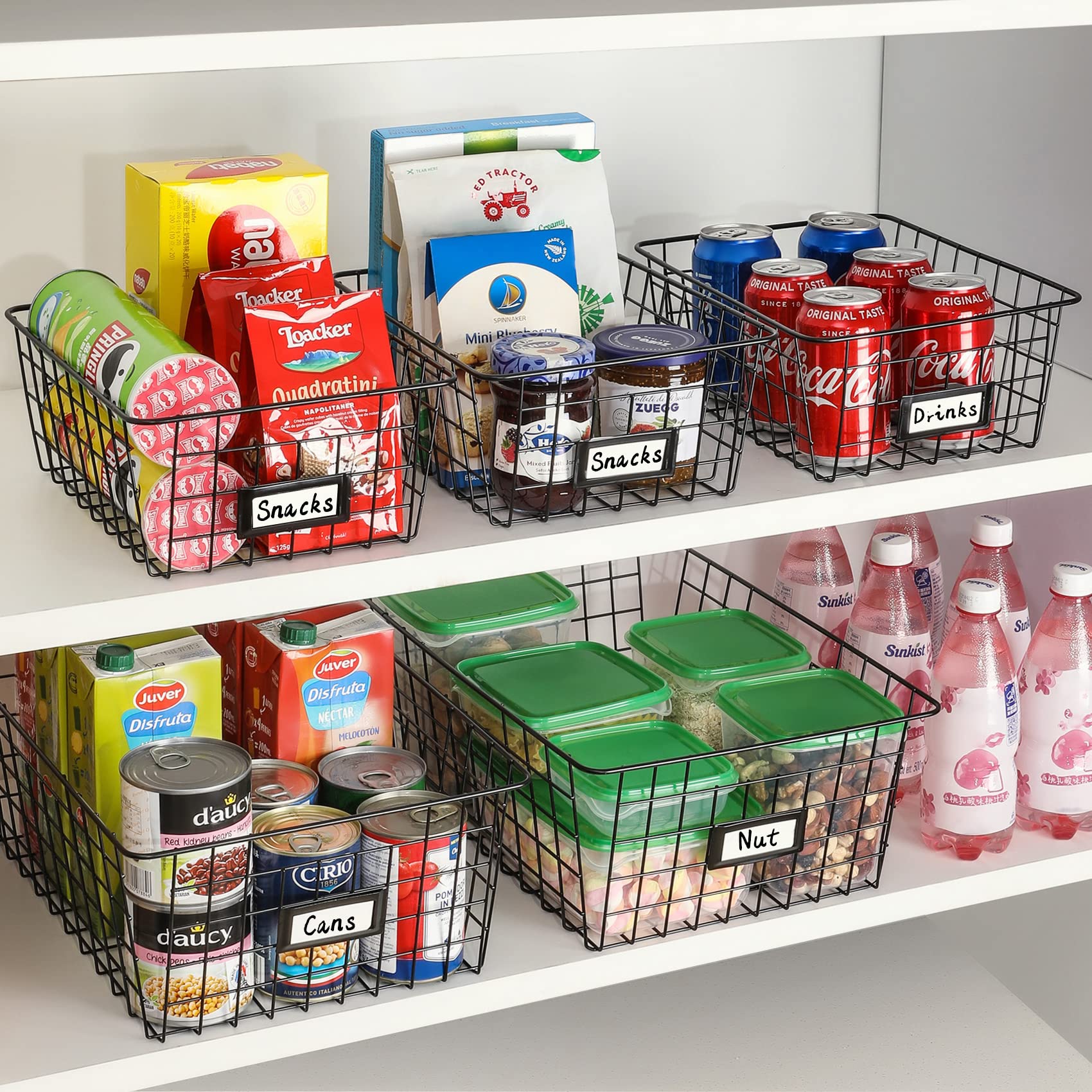 6 Pack [ Extra Large ] Wire Storage Baskets for Organizing with Lables  Pantry Organization Bins for Cabinets - Metal Basket for Kitchen  Laundry  Garage  Fridge  Bathroom Countertop Organizer  Black