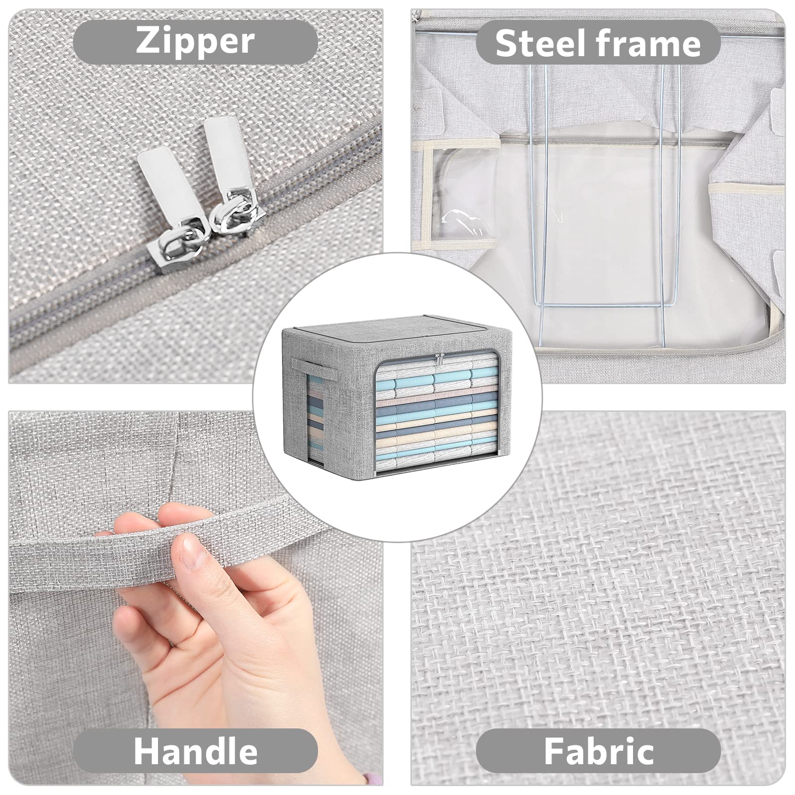 2 Pack Clothes Storage Bins - Stackable Metal Frame Storage Box Foldable Linen Fabric Organizer with Carrying Handles and Clear