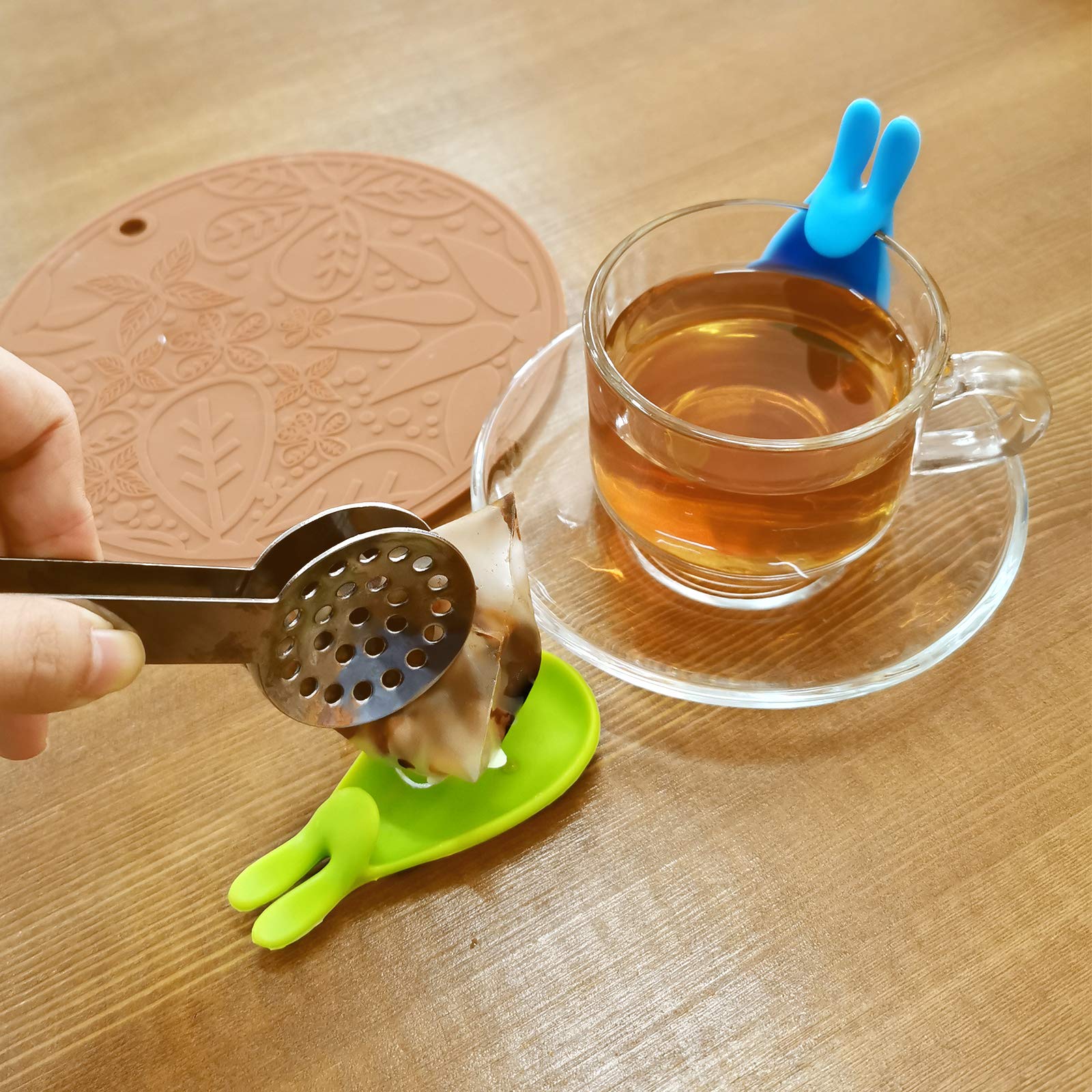 Snail Garden 2Pcs Stainless Steel Tea Bag Tongs, Round Tea Bag Squeezer With 2Pcs Bunny Silicone Tea Bag Holders & Rests- 6Inch