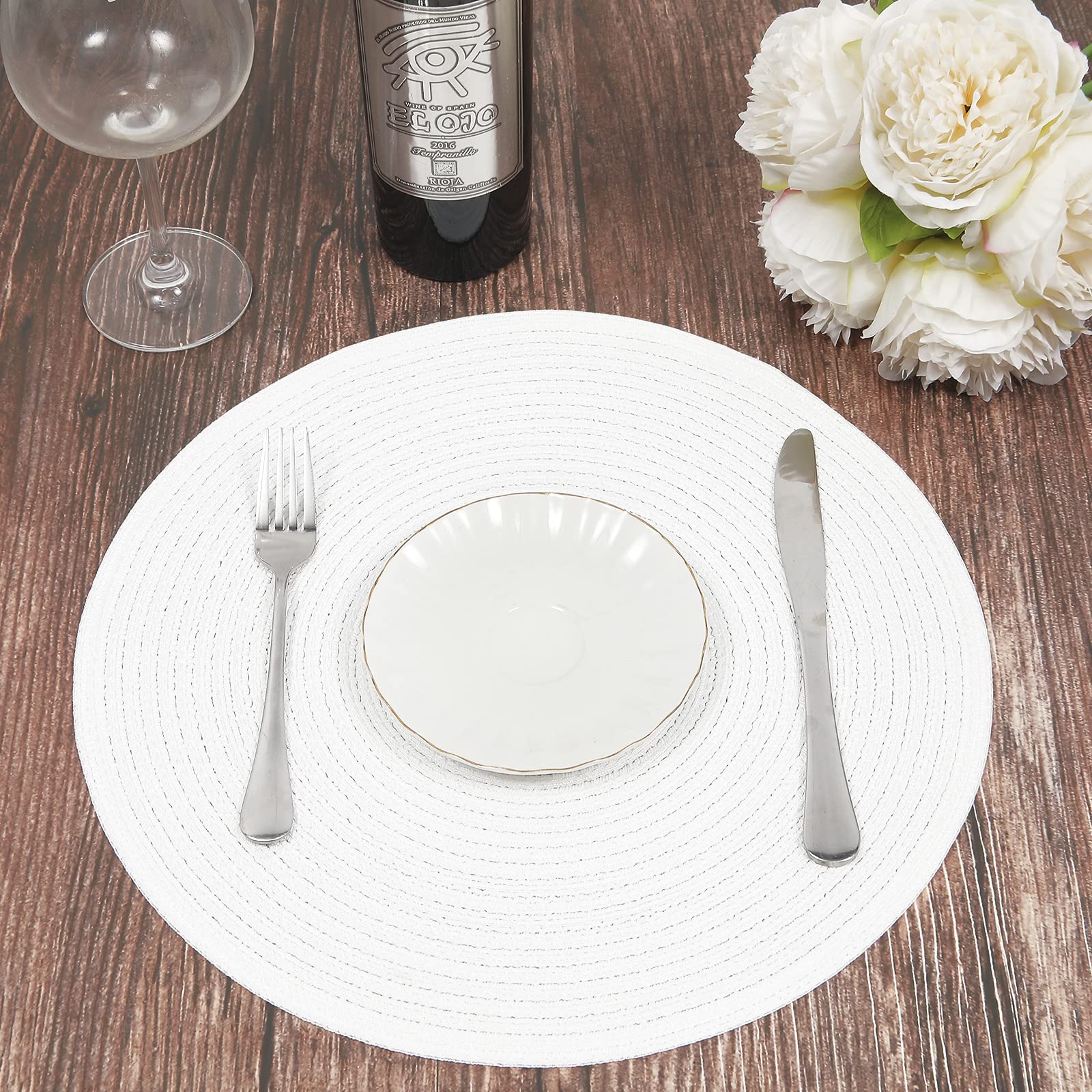 Shacos Round Braided Placemats Set Of 6 Round Table Mats For Dining Table 15 Inch Washable Cotton Polyester Place Mat (White, 6)