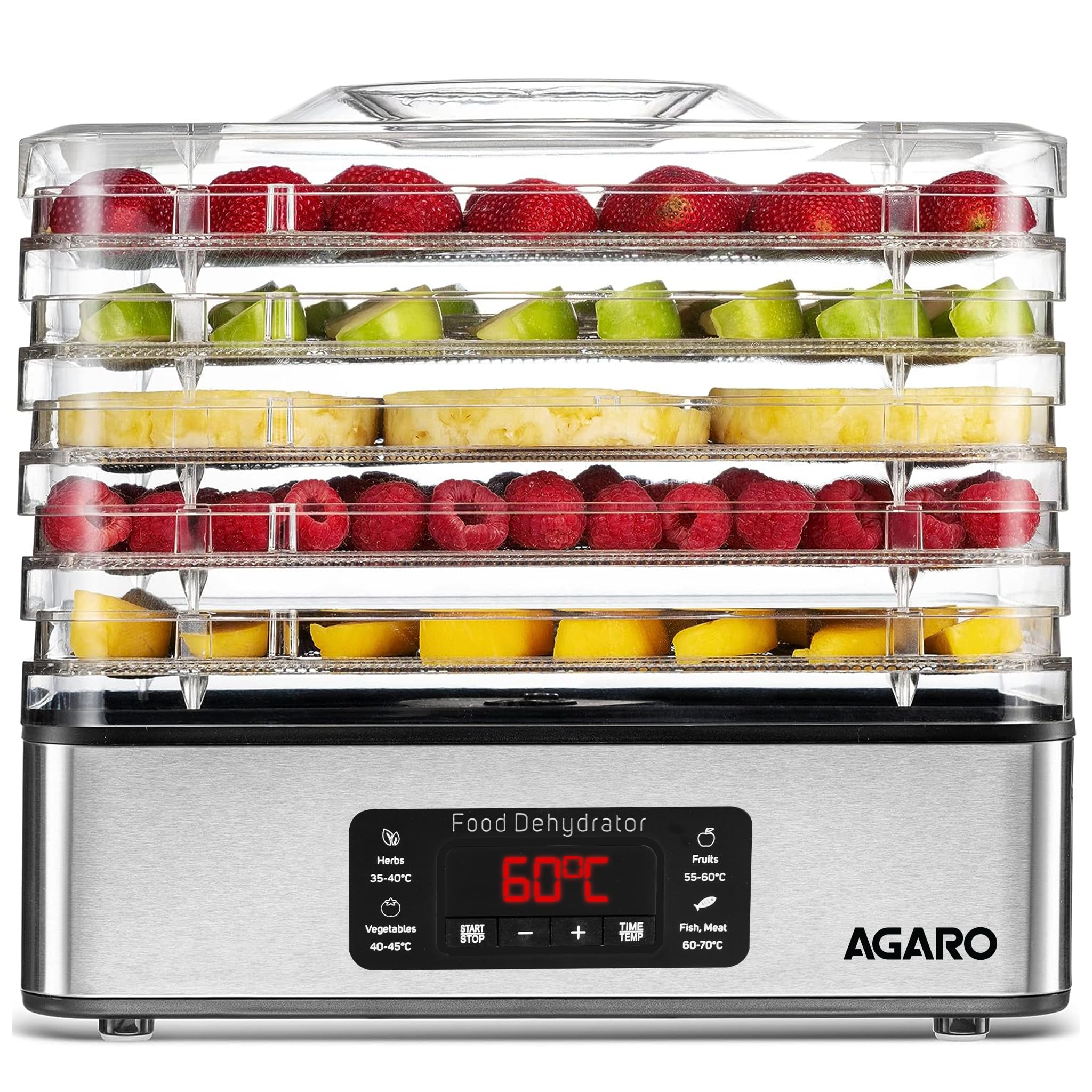 Agaro Regal Food Dehydrator, 5 Stackable Stainless Steel Trays, Digital Adjustable Timer & Temperature Control, Food Preserver M