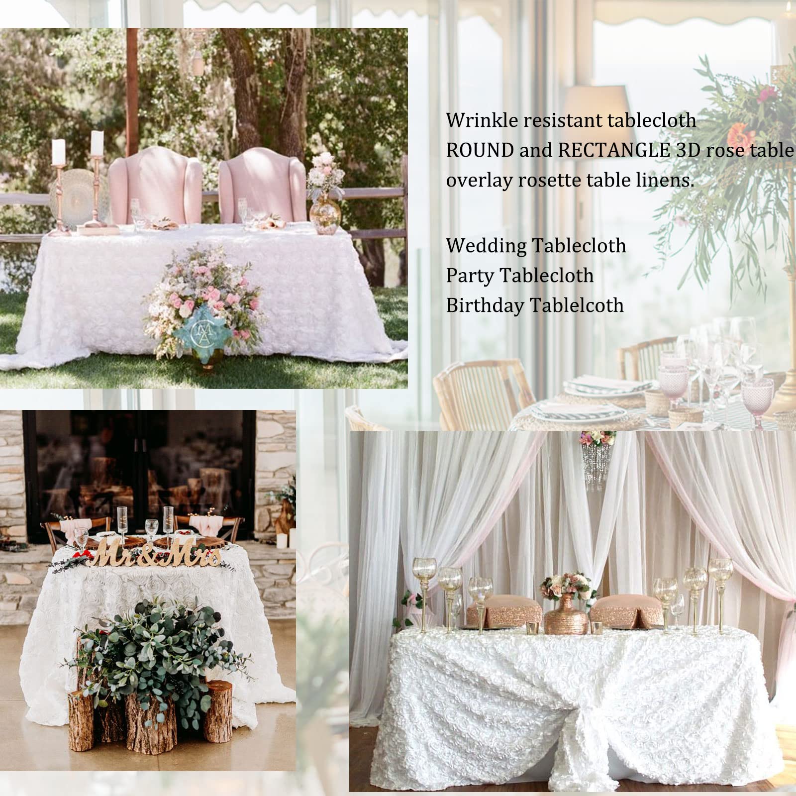 QueenDream White Wedding Tablecloth 90 x 132 Inch Rosette Tablecloth 3D Flowers Satin Overlay for Wedding Reception Table Decorations