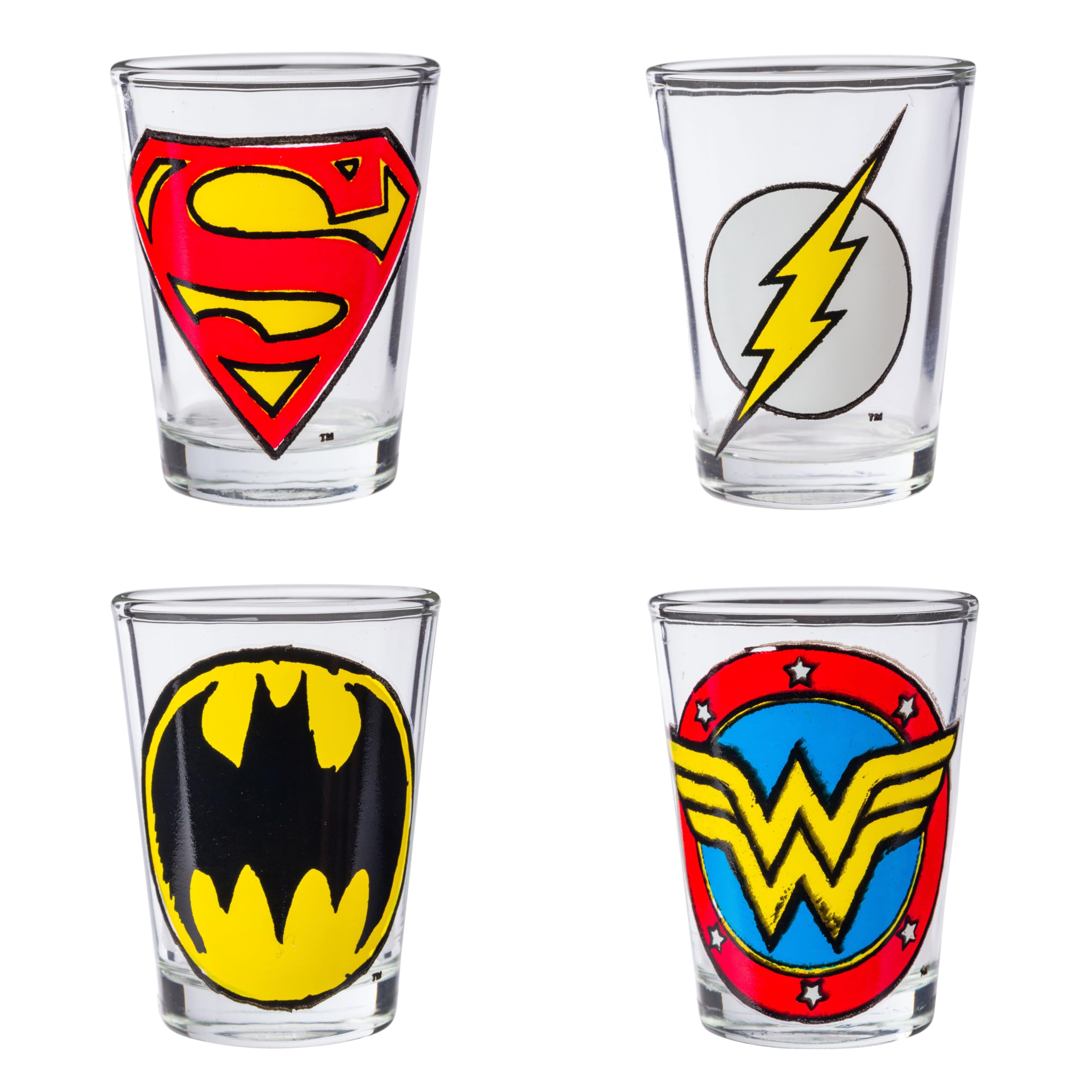 Silver Buffalo Dc Comics Superhero Logos Mini Glasses 4 Pack Featuring Flash, Superman, Wonder Woman, And Batman, 1.5 Ounces