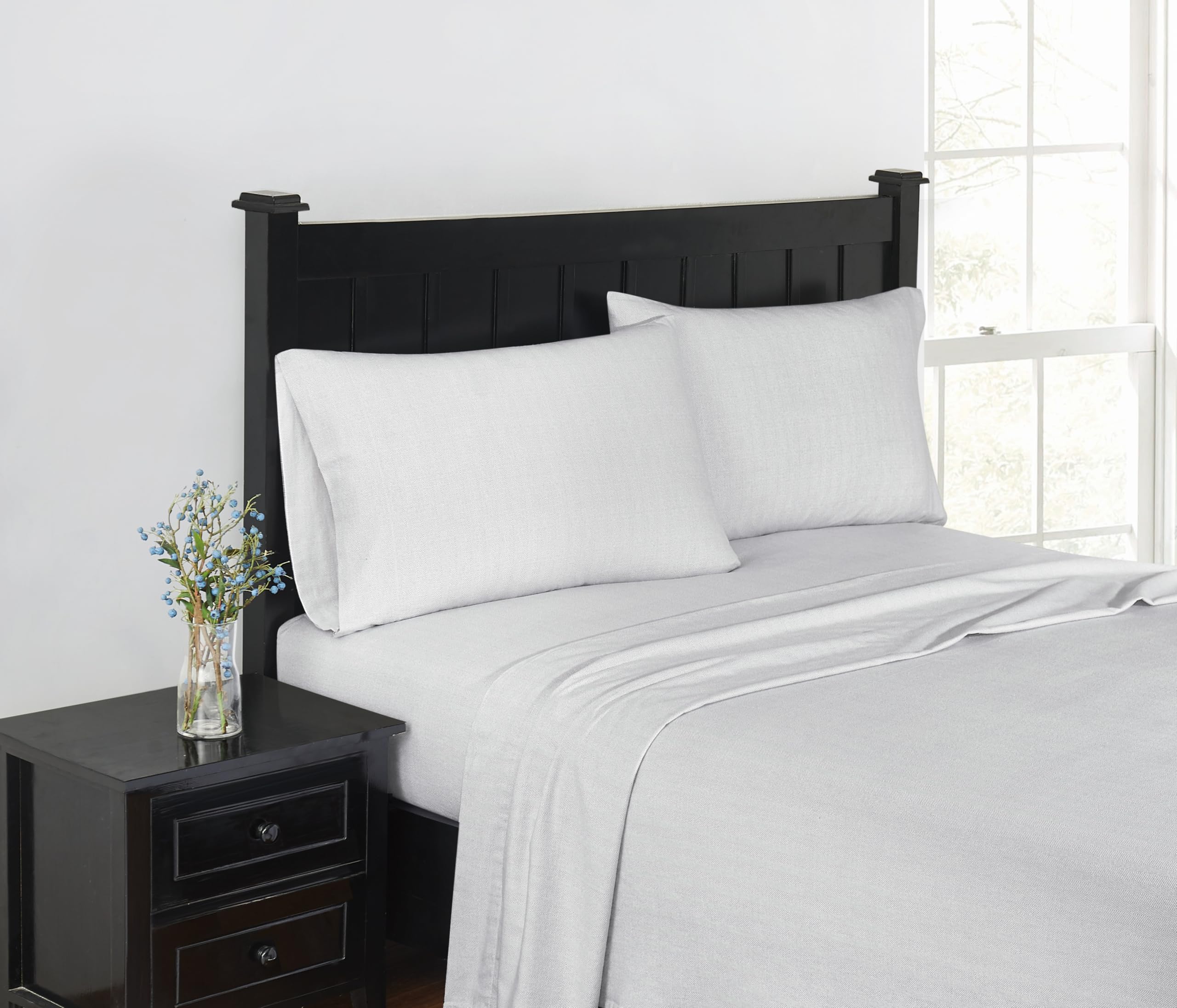 London Fog  Queen 4 Piece Sheet + Pillowcase Set  Herringbone Flannel Collection, 100% Cotton  Grey