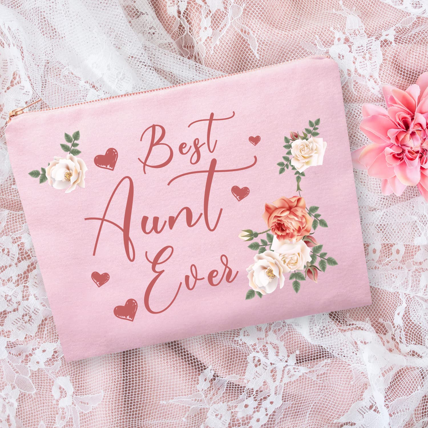 Hnoonz Best Aunt Ever Gifts,Aunt Gifts From Niece,Aunt Cosmetic Bag,Best Aunt Makeup Bag,Aunt Compact Mirror,Birthday Gifts For