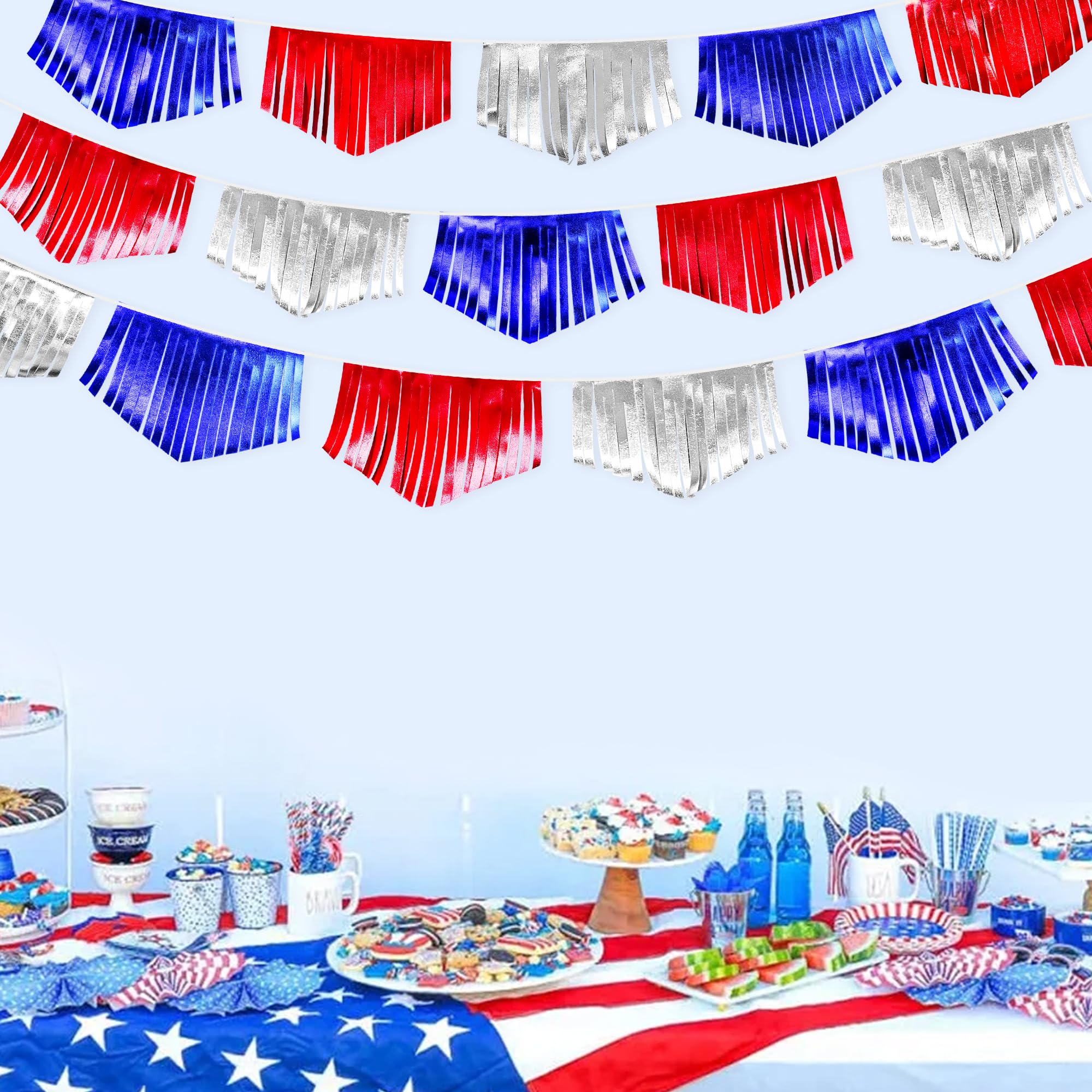 Blue Red Silver Tassel Banner Metallic Fabric Pennant Bunting Flag For 4Th Of July American Usa National Day Patriotic Veterans