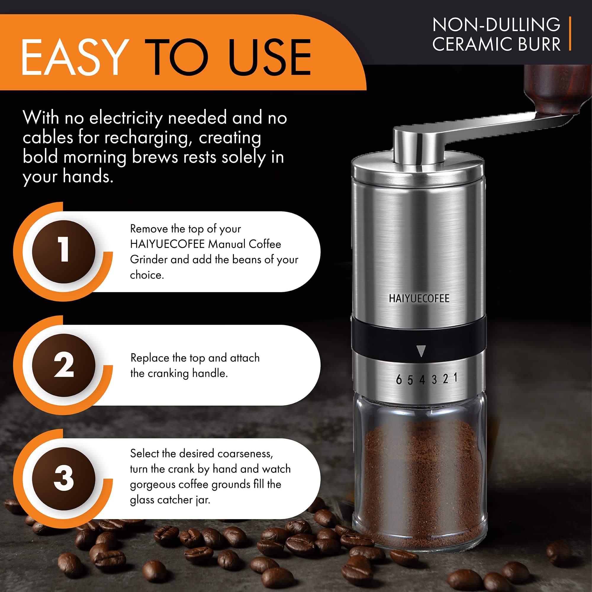 Haiyuecofee Manual Coffee Grinder With 6 Adjustable Coarseness Settings, Hand Crank Coffee Mill With Ceramic Burr For Espresso B