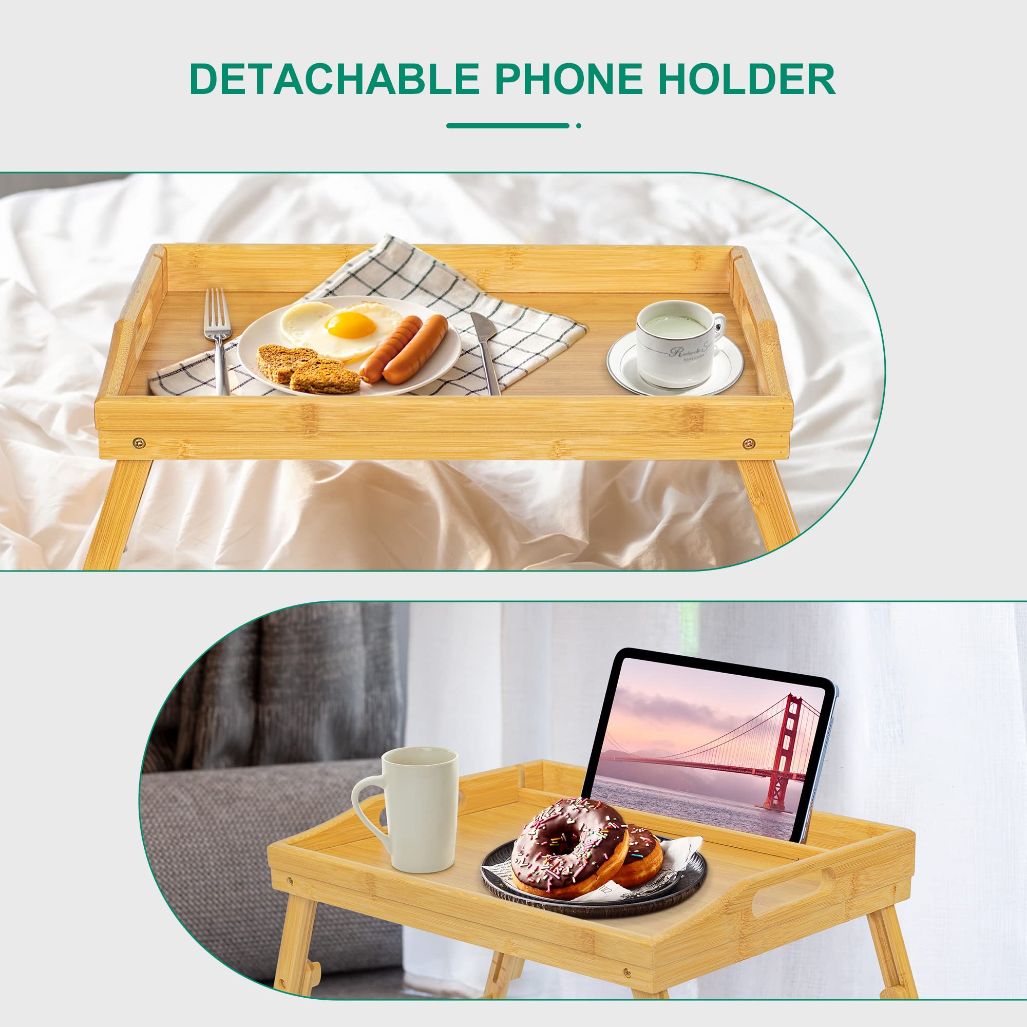 Bed Tray Table For Eating - Bamboo Breakfast Food Table With Phone Tablet Holder - Adjustable Height Serving Tray With Folding L