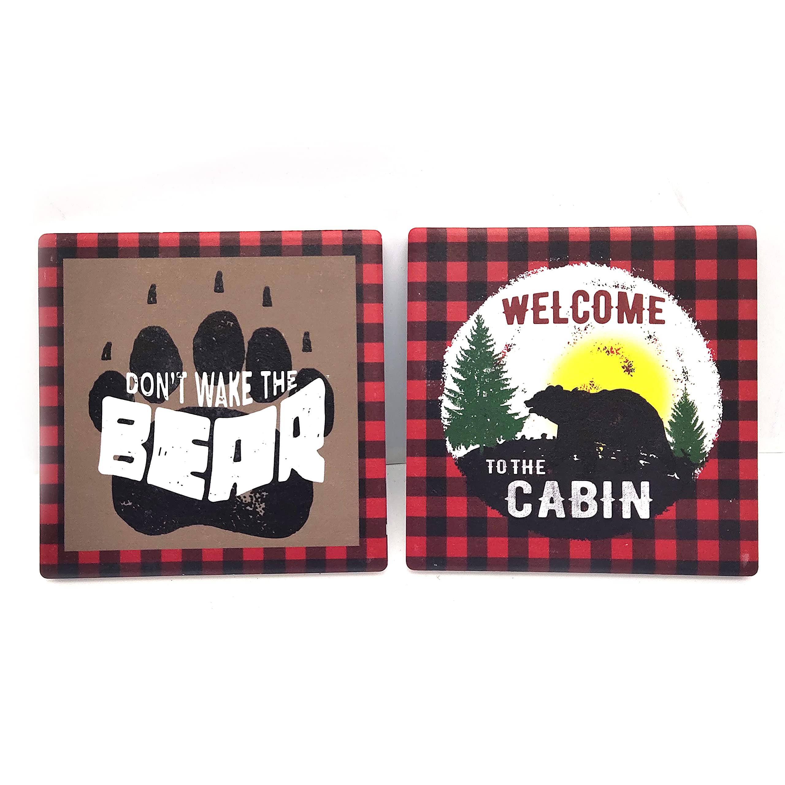 Pine Ridge Black Bear Buffalo Plaid Coasters For Drinks - Welcome To The Cabin And Dont Wake The Bear Design With Cork Pads Coas