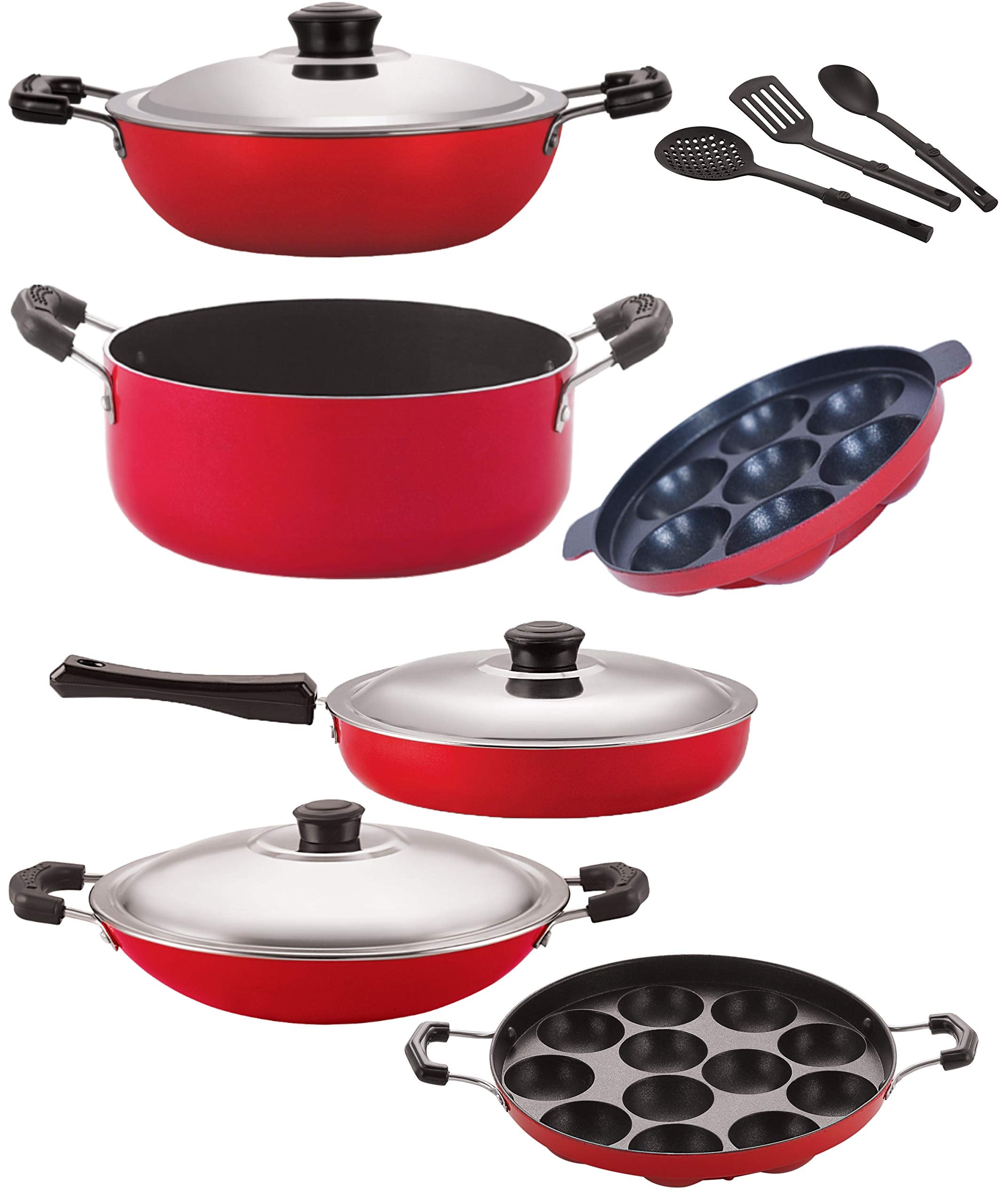 Nirlon Non Stick Cookware Set Of 9 Pieces Combo With Bakelight Handle (Dkd(J)_Cs22_Ac_Ap7_Ap12_Fp12_3Spn)