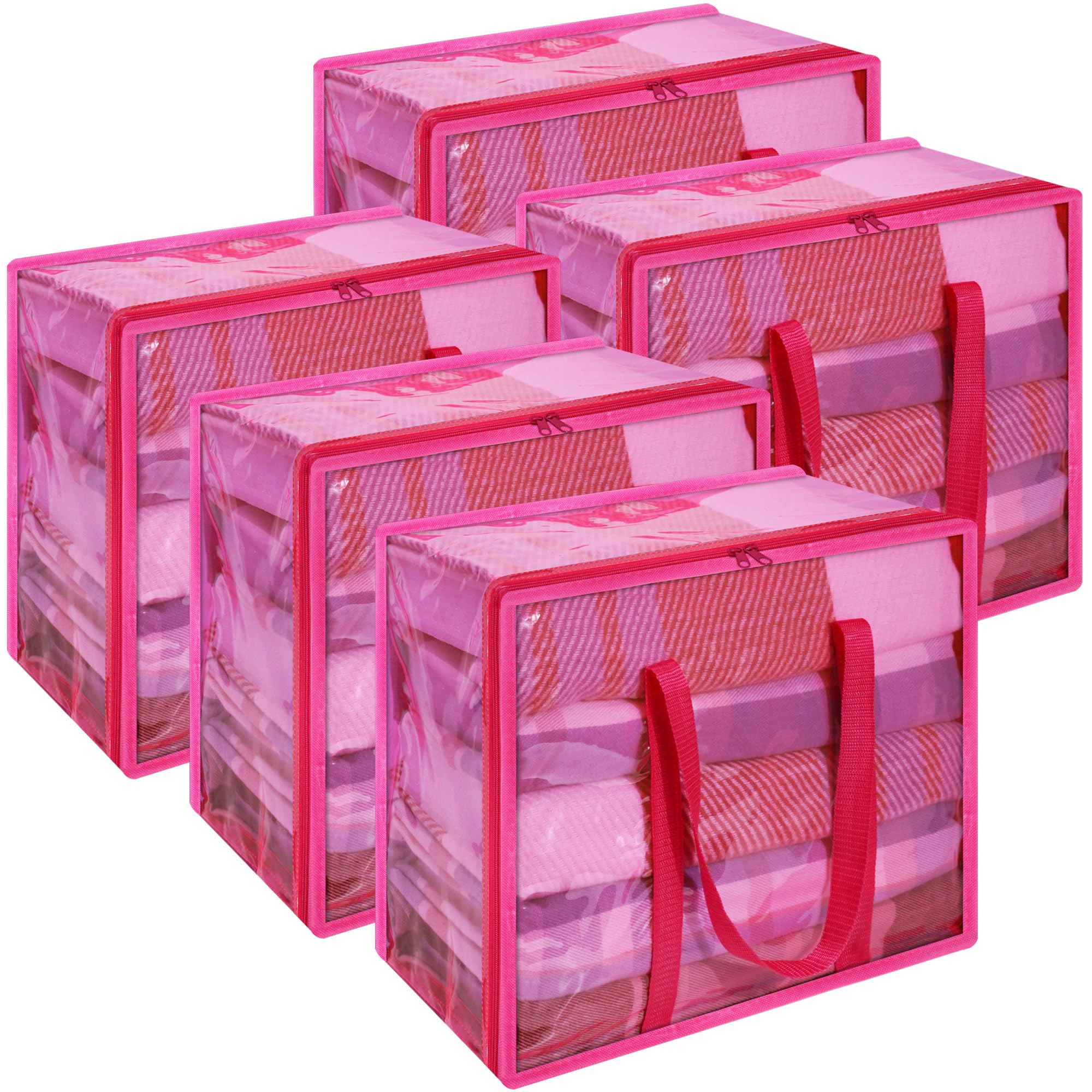 Vieshful Pink 40L Clear Clothes Storage Bag with Zipper 5 Pack Colorful Clothes Organizer Vinyl Storage Bag for Comforter, Blank