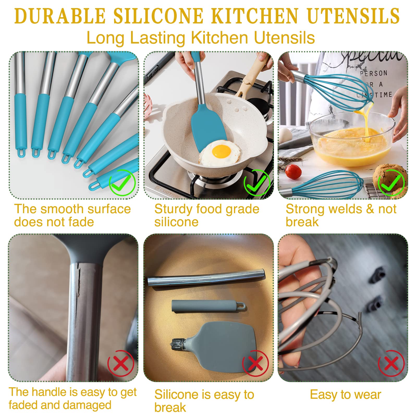 15 Pcs Silicone Cooking Utensils Kitchen Utensil Set - Umite Chef 446F Heat Resistant Stainless Steel Handles Kitchen Gadgets To