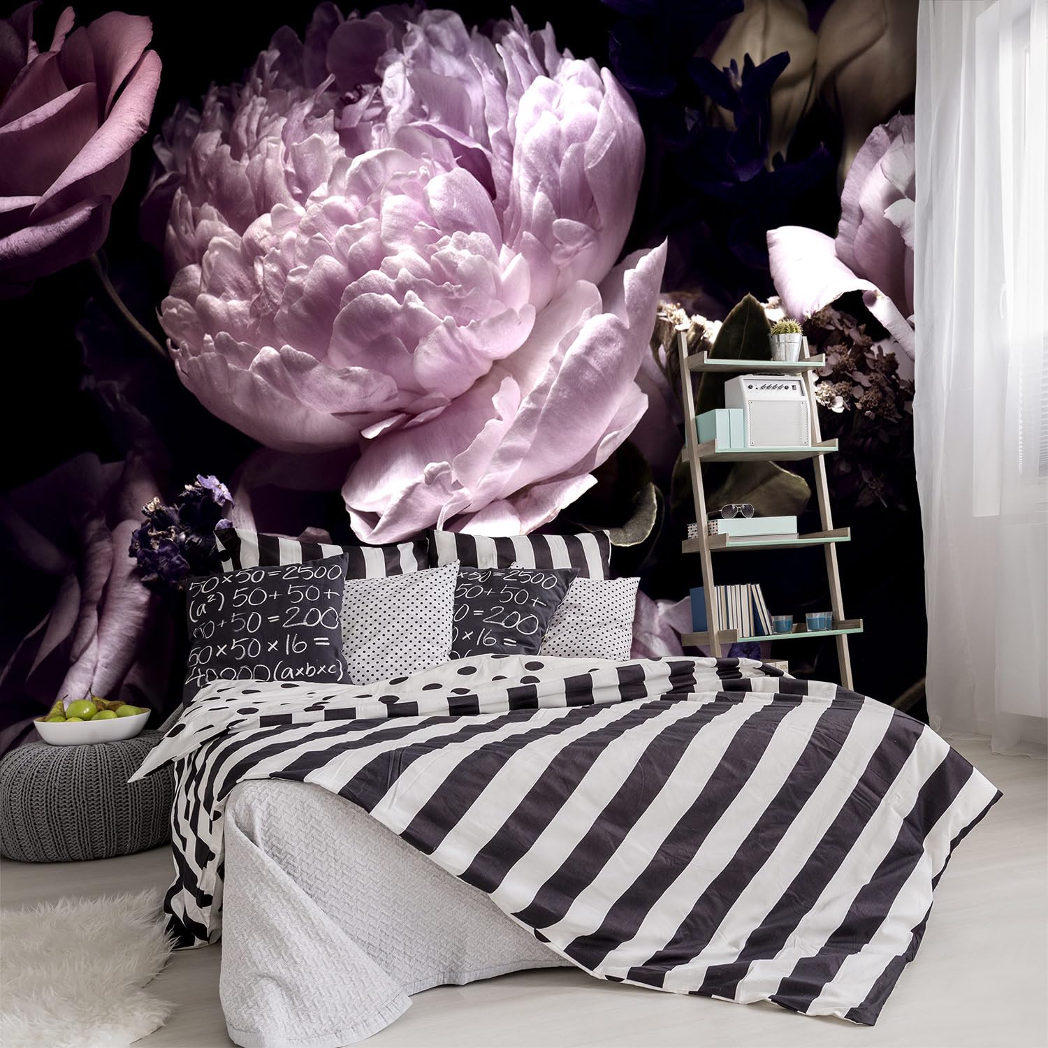 YIHWM -Black Peony Purple Floral Botanical Fabric Wallpaper Living Room Bedroom Bathroom Dark Flowers Large Wall Mural- 137x96( 