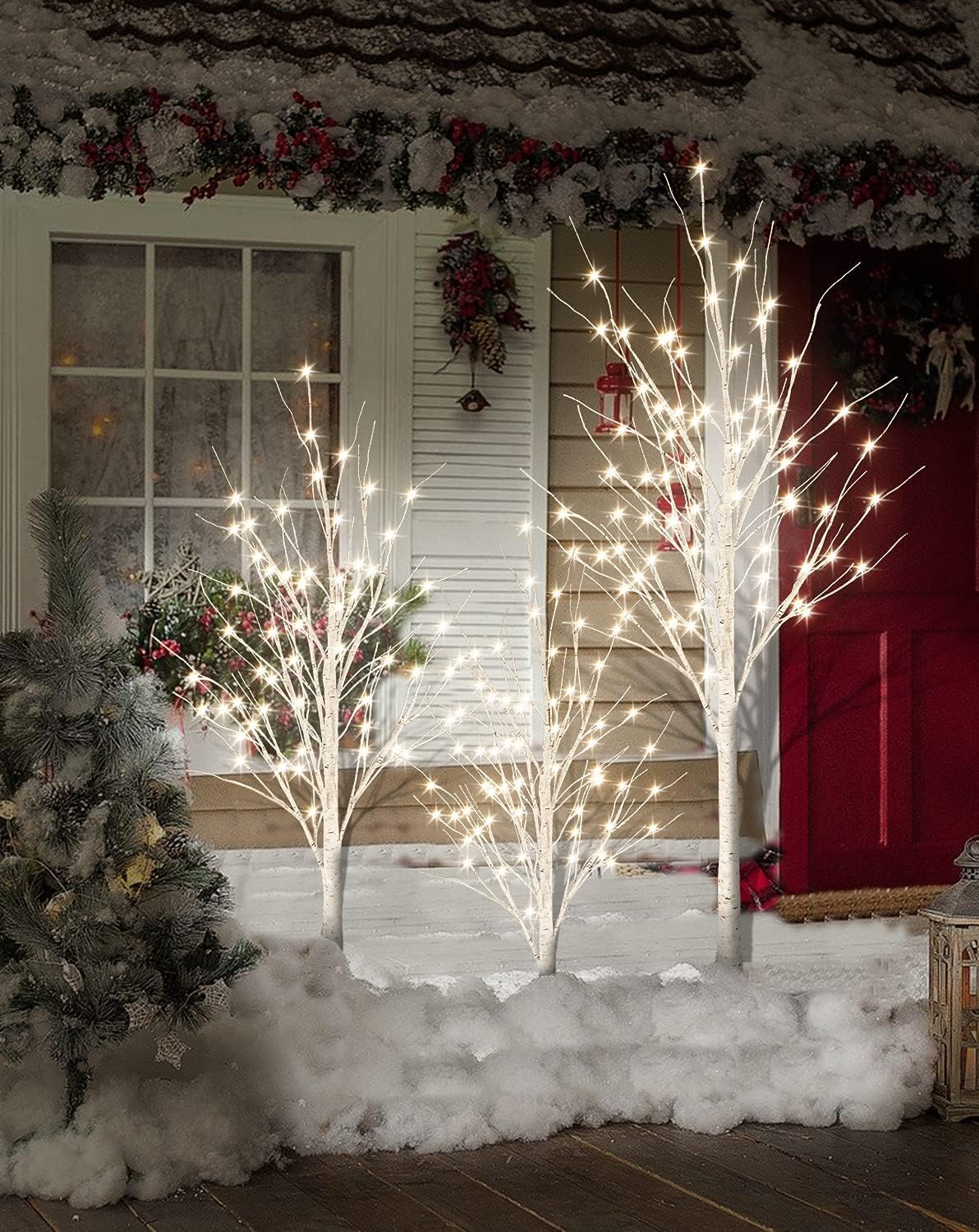 MIERES Lighted Birch Tree for Christmas Decor, Pack of 3 Prelit Christmas Tree 4ft 5ft 6ft, Warm White Christmas Tree for Indoor