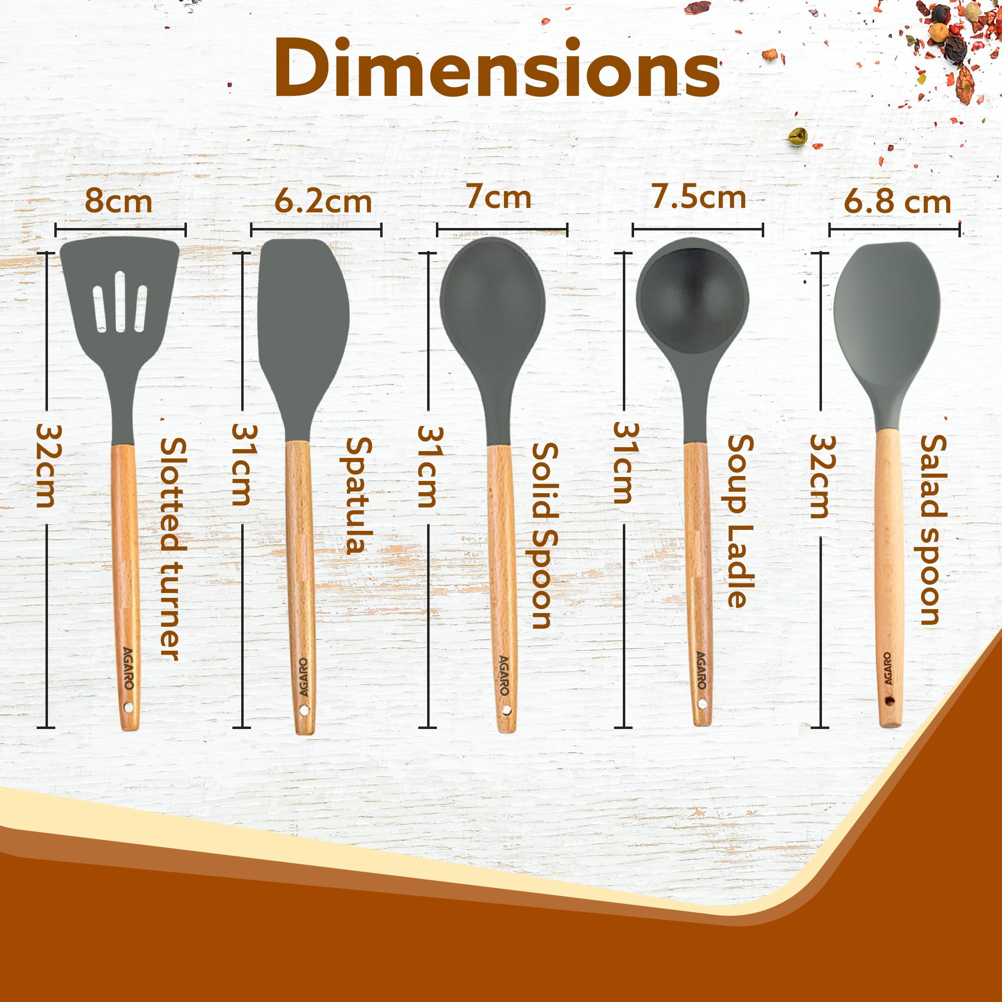 AGARO Royal Silicone Spatula Set of 5, Cooking and Mixing, for Non-Stick Cookware, BPA Free, Seamless Design, Grey