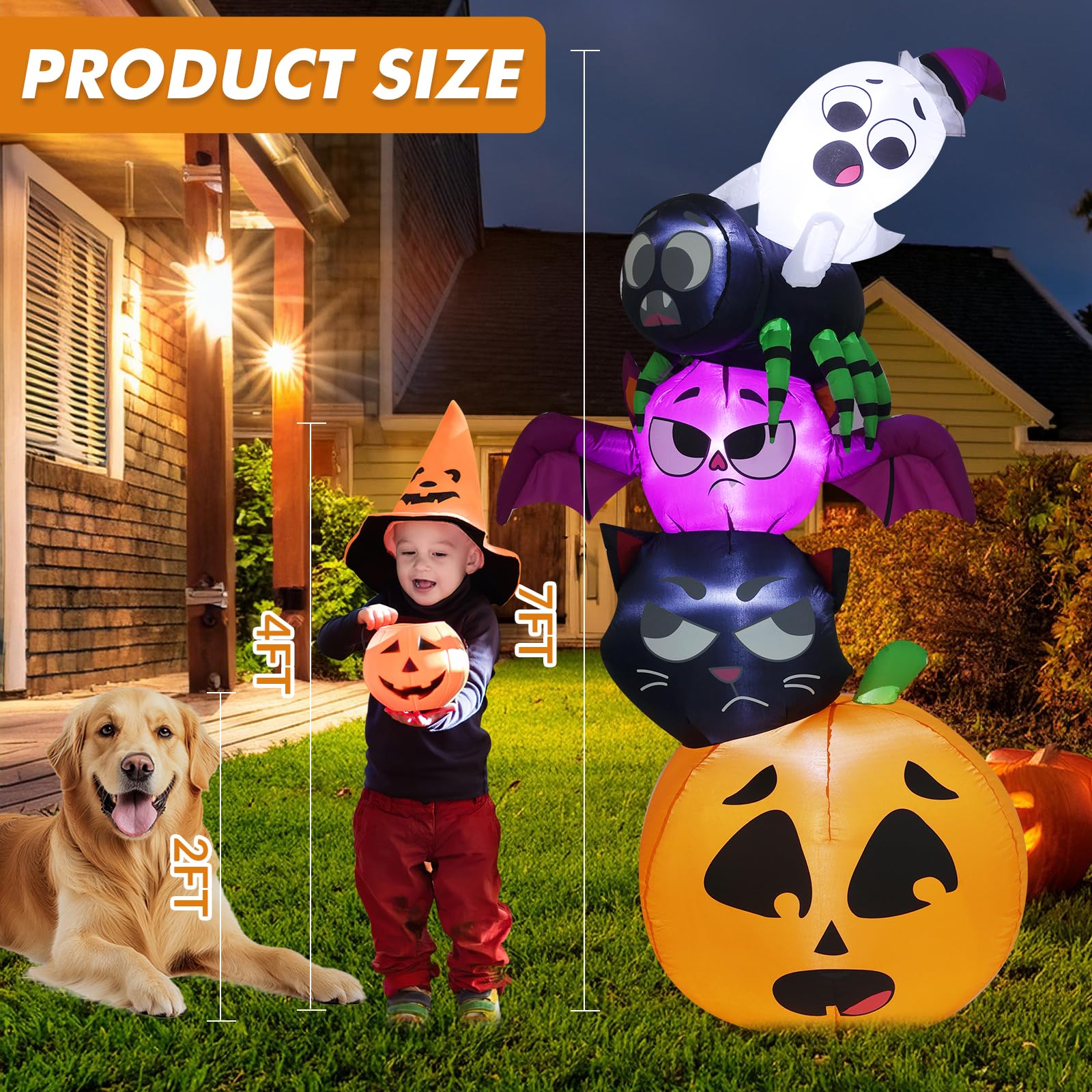 7FT Halloween Inflatables Outdoor Decoration, Cute Stacked Pumpkin Ghost Cat Bat Spider Blow Up Yard Decor with Built-in Lights