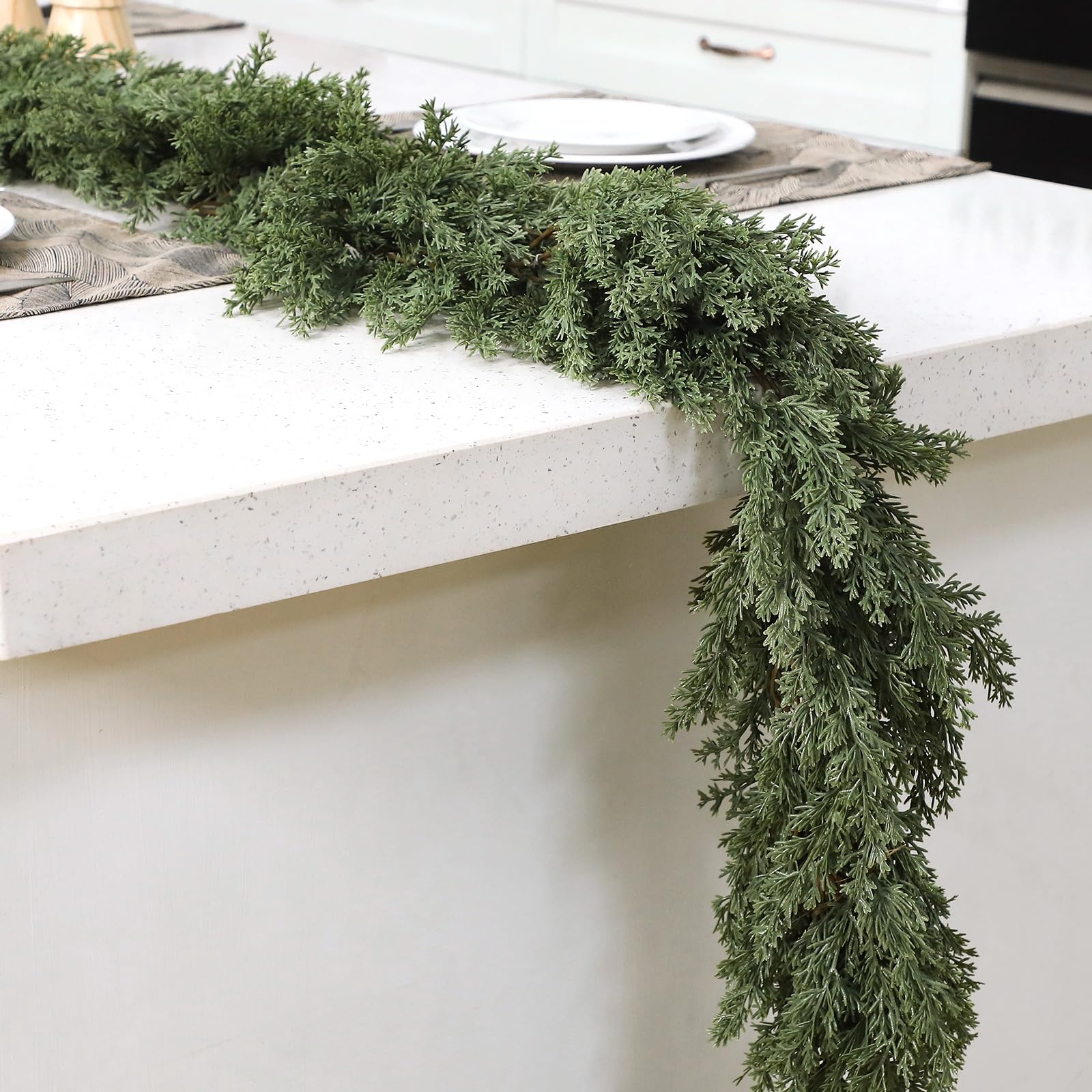 Jutom 2 Pcs 9 ft Thick Christmas Cedar Garland Artificial Realistic Soft and Flexible Full Faux Green Cedar Pine Garland for Hom