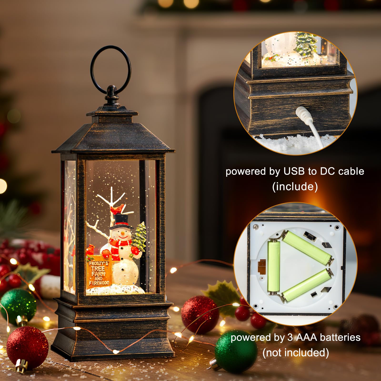 Christmas Snow Globe Lantern Musical Snowman Christmas Tree Lighted Snow Globe with Timer USB/Battery Lined Operated Swirling Gl