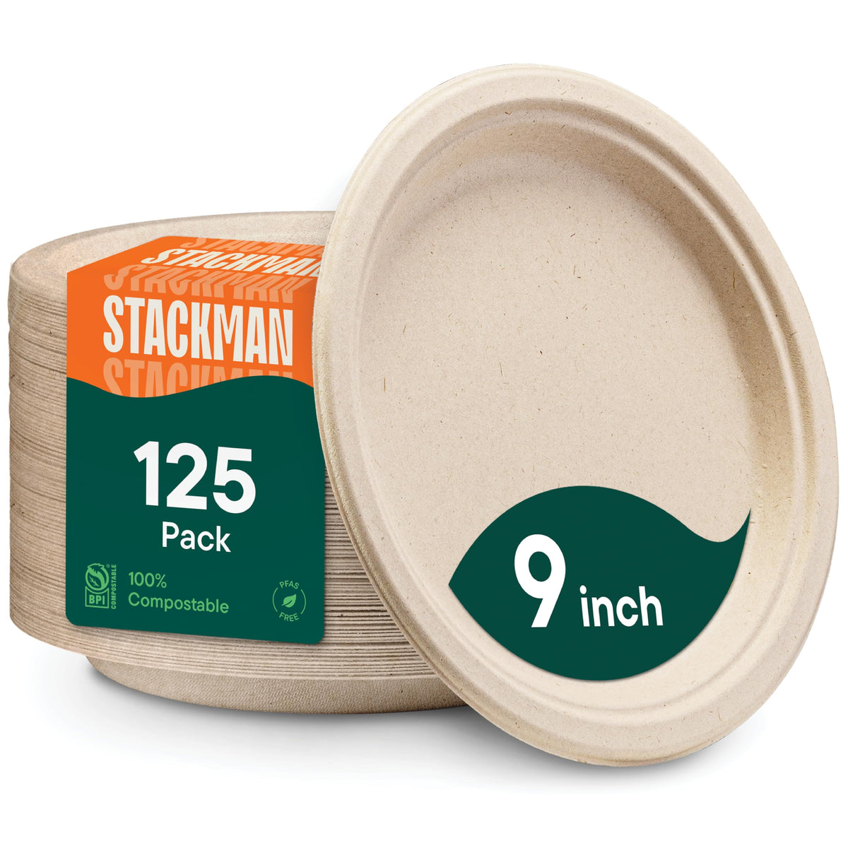 100% Compostable Paper Plates, Heavy Duty Disposable Plates [125-Pack] 9 Inch Plates - Eco-Friendly, Biodegradable Sugarcane Bag