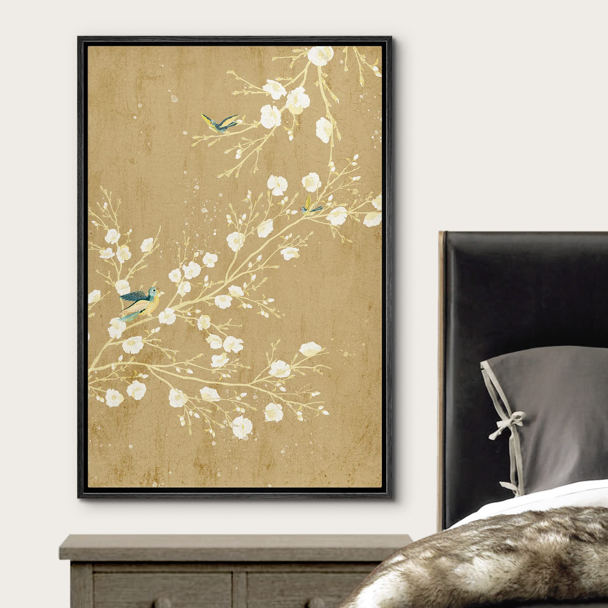 Wall26 Framed Canvas Print Wall Art Pastel Blooming Flower Tree & Birds Nature Wilderness Illustrations Modern Art Decorative Ru