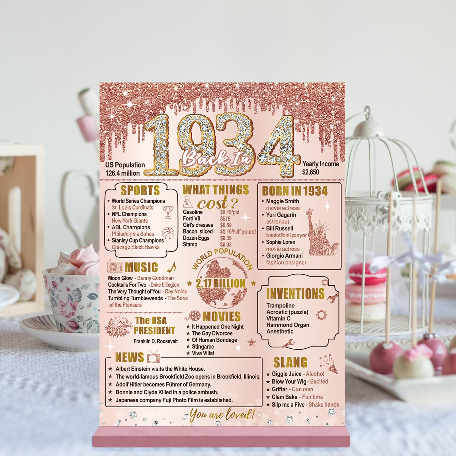 Bumqviy Happy 90Th Birthday Decorations Back In 1934 Table Sign For Women, Pink Rose Gold 90 & Fabulous Birthday Two-Sided Woode