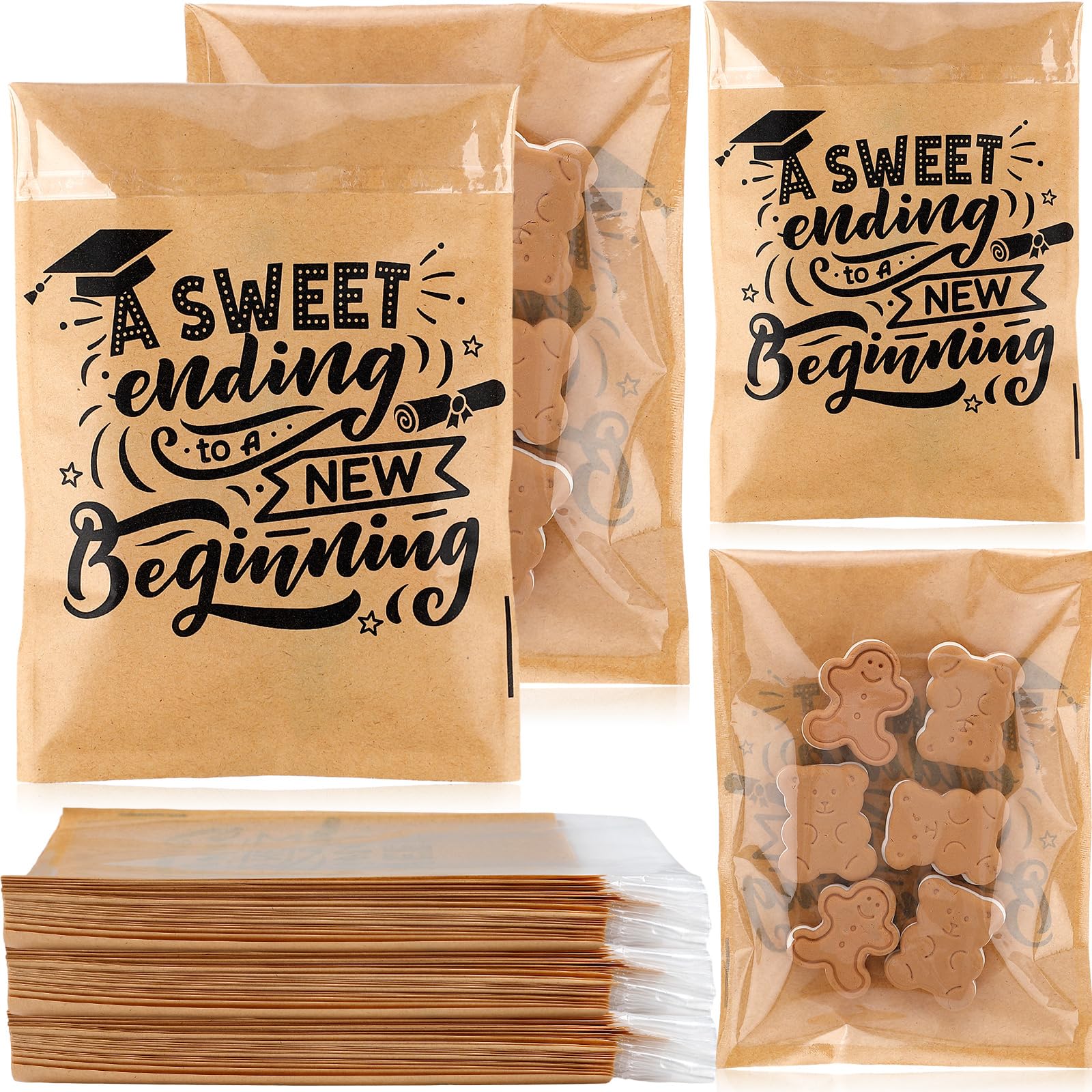 MotiMind 100 Pcs Clear Graduation Cookie Bags Front Paper Self-Adhesive Gift Bags Sweet Endings to New Beginnings Kraft Paper Tr
