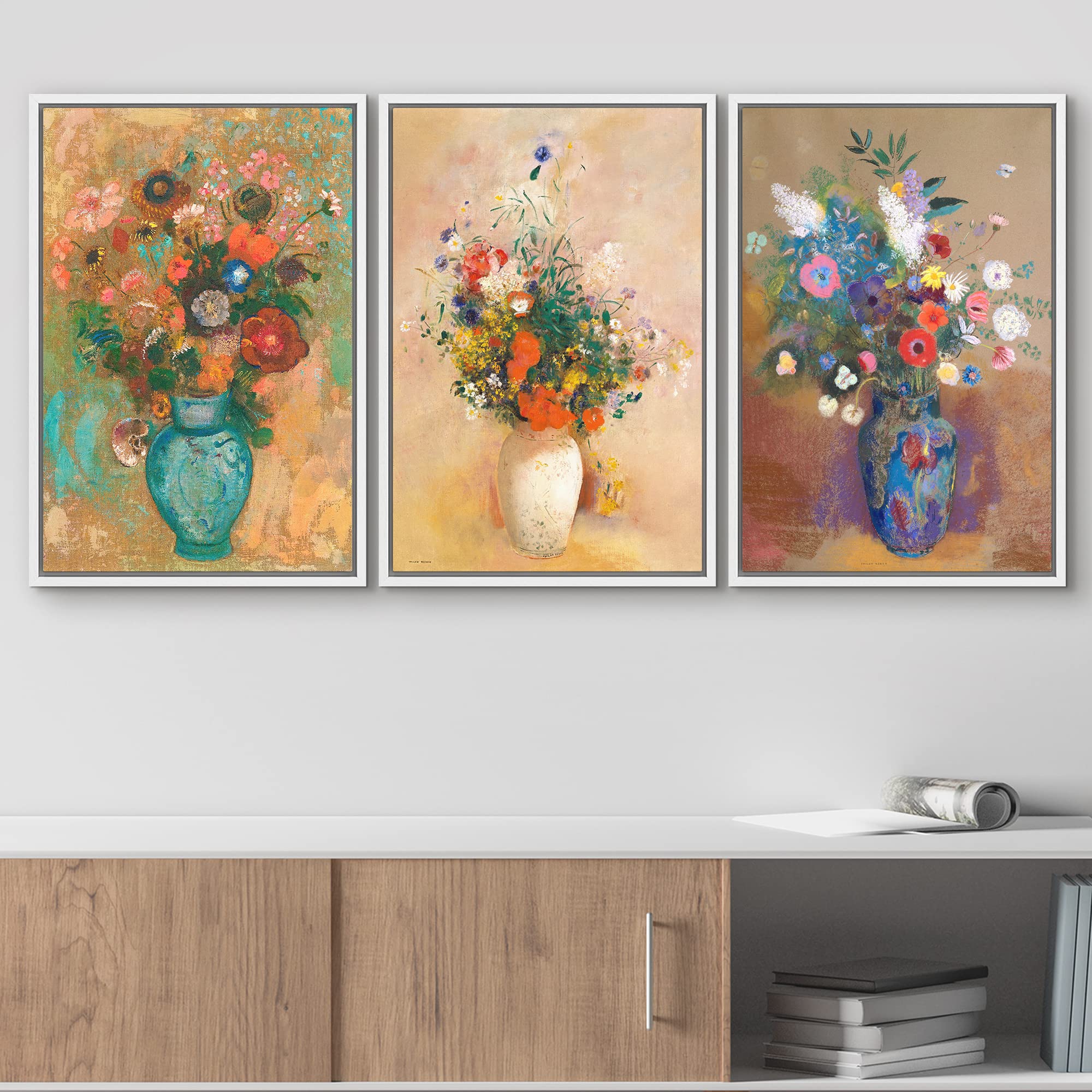 Wall26 Framed Canvas Print Wall Art Set Flowers In Vases By Odilon Redon Cultural Historic Oil Painting Fine Art Reproduction Sc