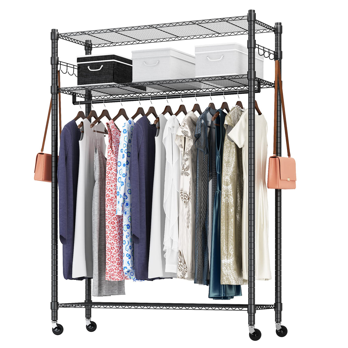 Rolling Garment Rack With Adjustable Wire Shelf, 3 Tired Clothes Rack Including 1 Clothes Hanging Bar, 1 Roating Hanger Hooks -