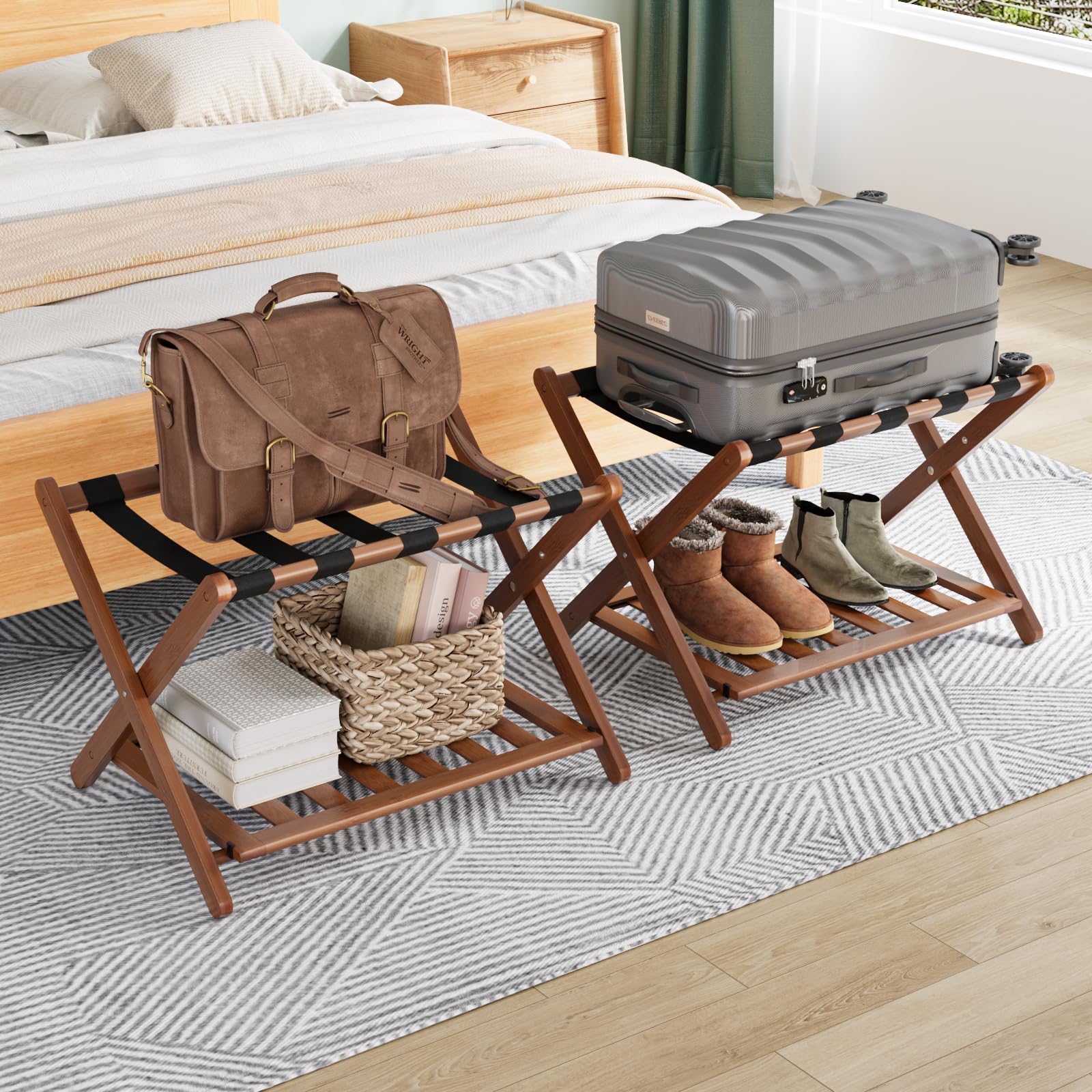 Smuxee Fully Assembled Walnut Luggage Racks Pack of 2, Upgraded Bamboo Foldable Suitcase Stand with 5 Nylon Straps, Luggage Hold