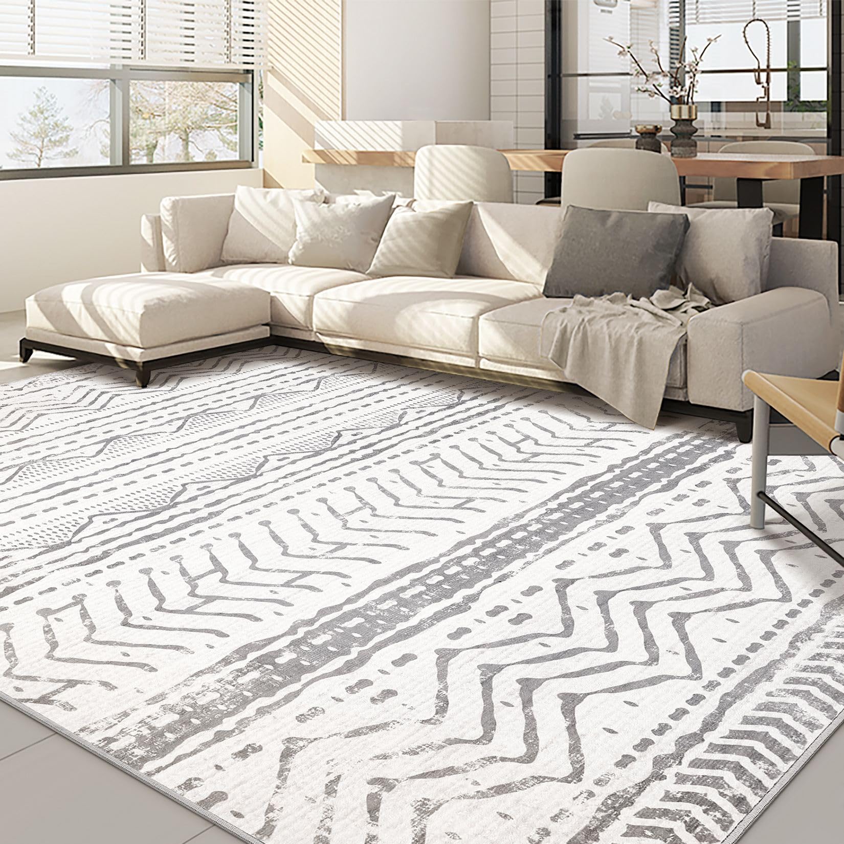 9x12 Area Rug Living Room Rugs: Large Soft Machine Washable Boho Moroccan Farmhouse Neutral Stain Resistant Indoor Floor Rug Car
